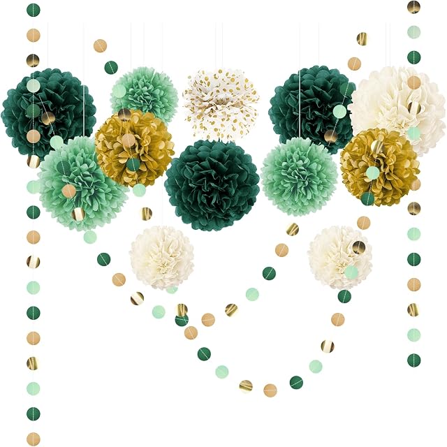 NICROLANDEE Seidenpapier Pompons Deko 15 Stück Waldgrün Party Dekorationen | Tissue Papier Pom Poms und Dots Papier Girlande für Hochzeit, Babyparty Deko, Abschlussball, Geburtstag, Gartenparty deko