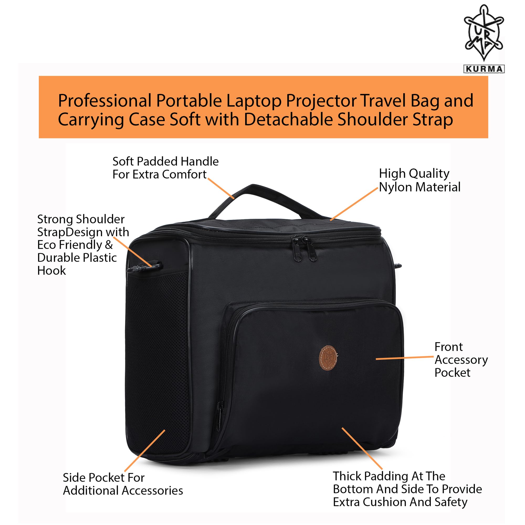 KURMA Cinema Sack 9.5 Liter Polyester Professional Portable Projector Travel Bag and Carrying Case with Soft Detachable Shoulder Strap fits 13 Inch (KFBACBLK18-0724, Black) - Image 6 thumbnail