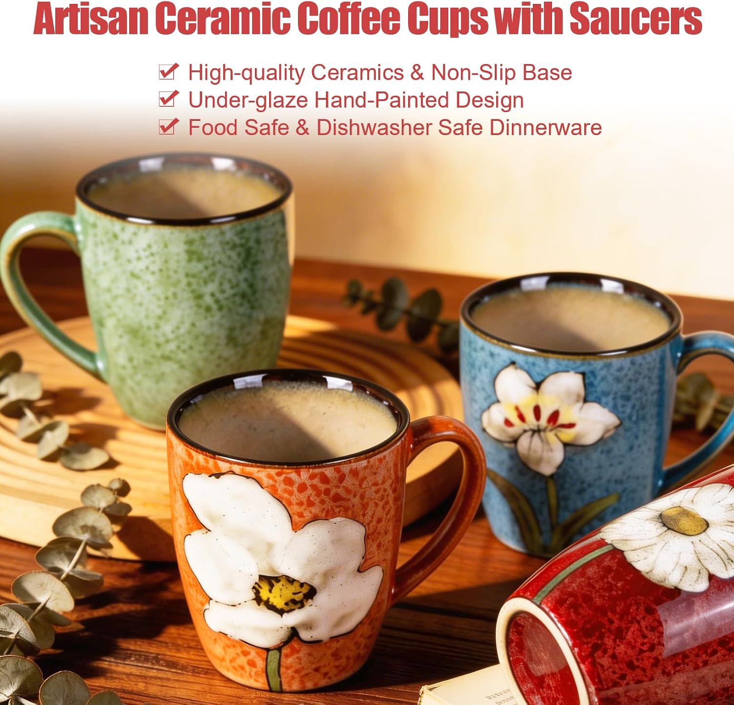 12oz Coffee Mugs Set of 4, Hand-Painted Floral Stoneware Cups with Handle, Dishwasher Microwave Oven Safe, Cappuccino Mugs for Latte, Tea, Espresso & Hot Cocoa, for Home Kitchen & Cafe, Mix