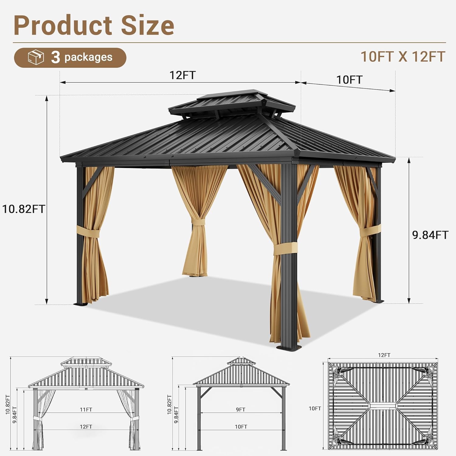 10x12 FT Hardtop Gazebo with Double Galvanized Steel Roof, Heavy-Duty Aluminum & Iron Frame, Mosquito Netting and Privacy Curtains, All-Weather Outdoor Pavilion for Patio Backyard Garden Deck, Khaki thumbnail