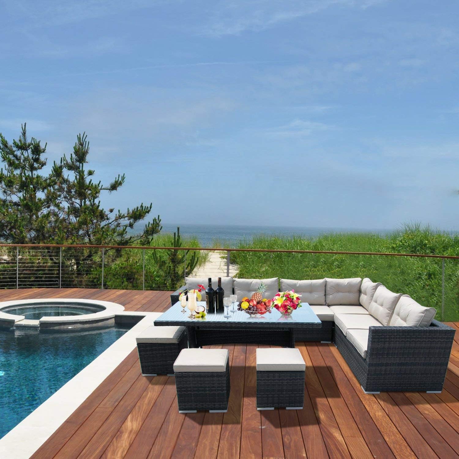 Patioption 8 Pieces (9 Seaters) Outdoor Patio Furniture sets, Patio Sectional Furniture Sofa PE Rattan Corner Sofa Couch Sets Conversation Sets Dining Sets, Patio Garden Furniture All-Weather, Brown