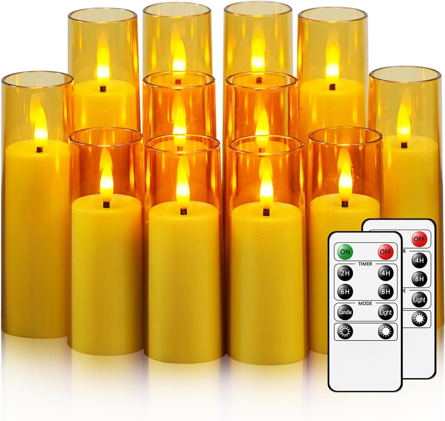 Nimiko Small Flickering Flameless Candles - Battery Operated LED Fake Candles, Pack of 12 (D1.57 x H4 5" 6") for Holiday Decor, Home, Weddings (Gold)