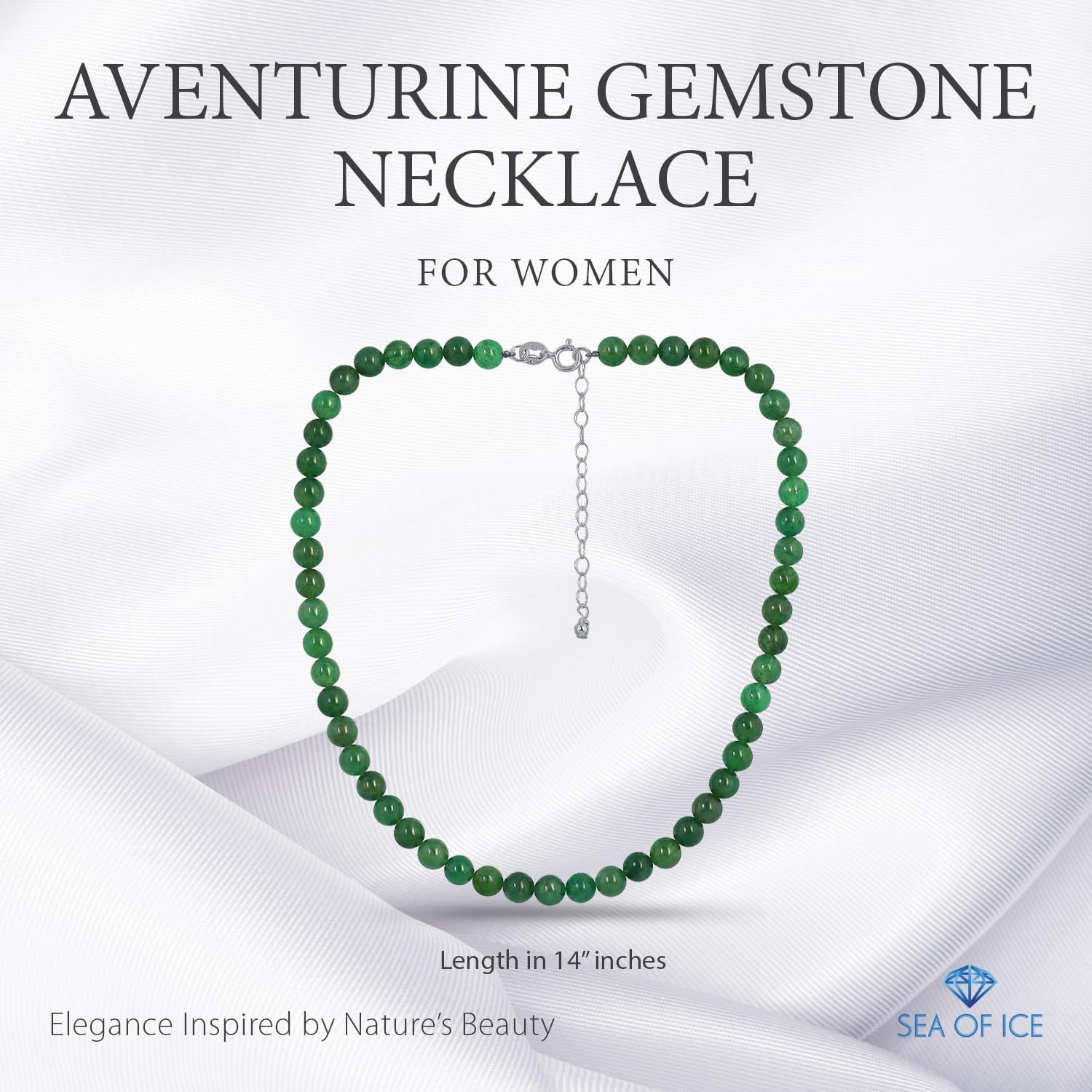 SEA OF ICE Precious Gemstone 6mm Round Beads Necklace 14" Plus 2" Extender with Sterling Silver Spring Ring Clasp