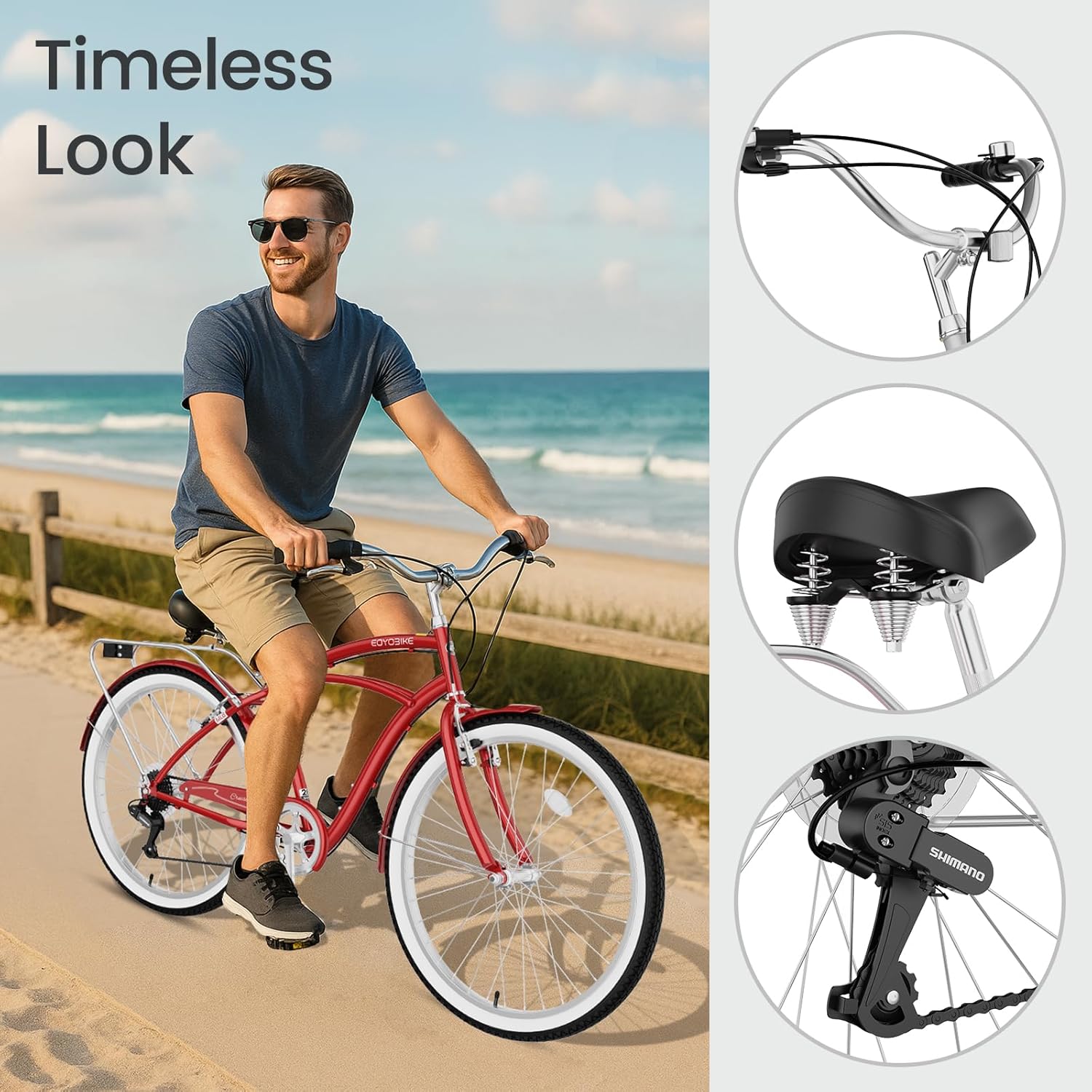 MOPHOTO Beach Cruiser Bike for Adults, 24" 26" Adult Commuter Bicycle 7-Speed, Rear Rack, Fenders, Step-Through or Classic Frame, Ergonomic Upright Design