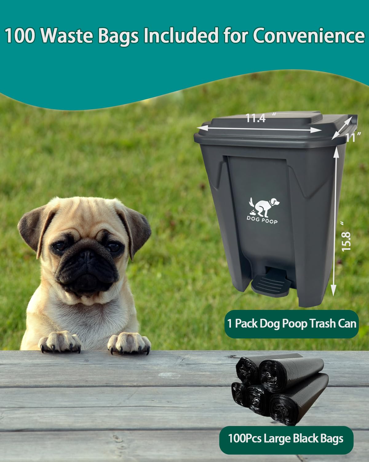 Poubelle à déjections canines de 20 l avec pédale, 100 sacs étanches, râteau et pelle à poussière en acier inoxydable – Solution d'élimination des déjections canines toutes saisons pour