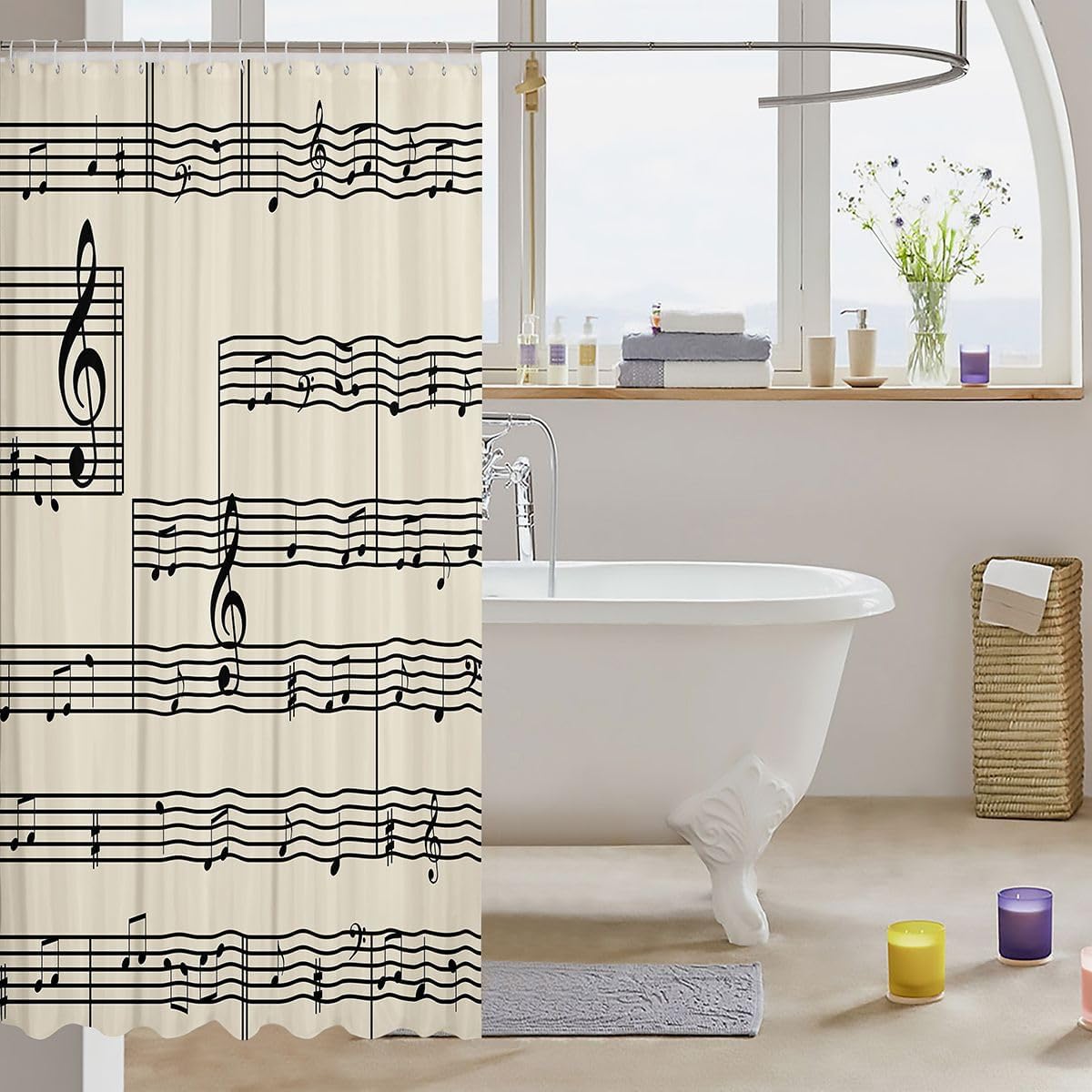 Music Theme Shower Curtain 72" Wx72 L Retro Music Note Bathroom Curtain Musical Song Stave Bathroom Accessories for Kids Adults,Modern Fashion Simple Shower Decor image 3