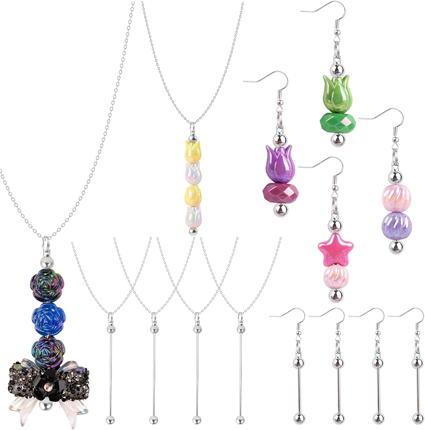 Framendino, 4 Sets Beadable Jewelry Pendant Kit Metal Beaded Necklace Earrings for DIY Crafts Making Gift