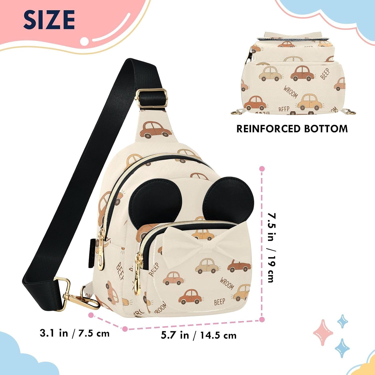 Sinestour Cars Kids Crossbody Bags for Girls, 3.1"x7.5"x5.7" | Crossbody Fanny Pack, Toddler Purse, Cute Sling Belt Bag with Ears, 2L Small Shoulder Chest Bag for Travel