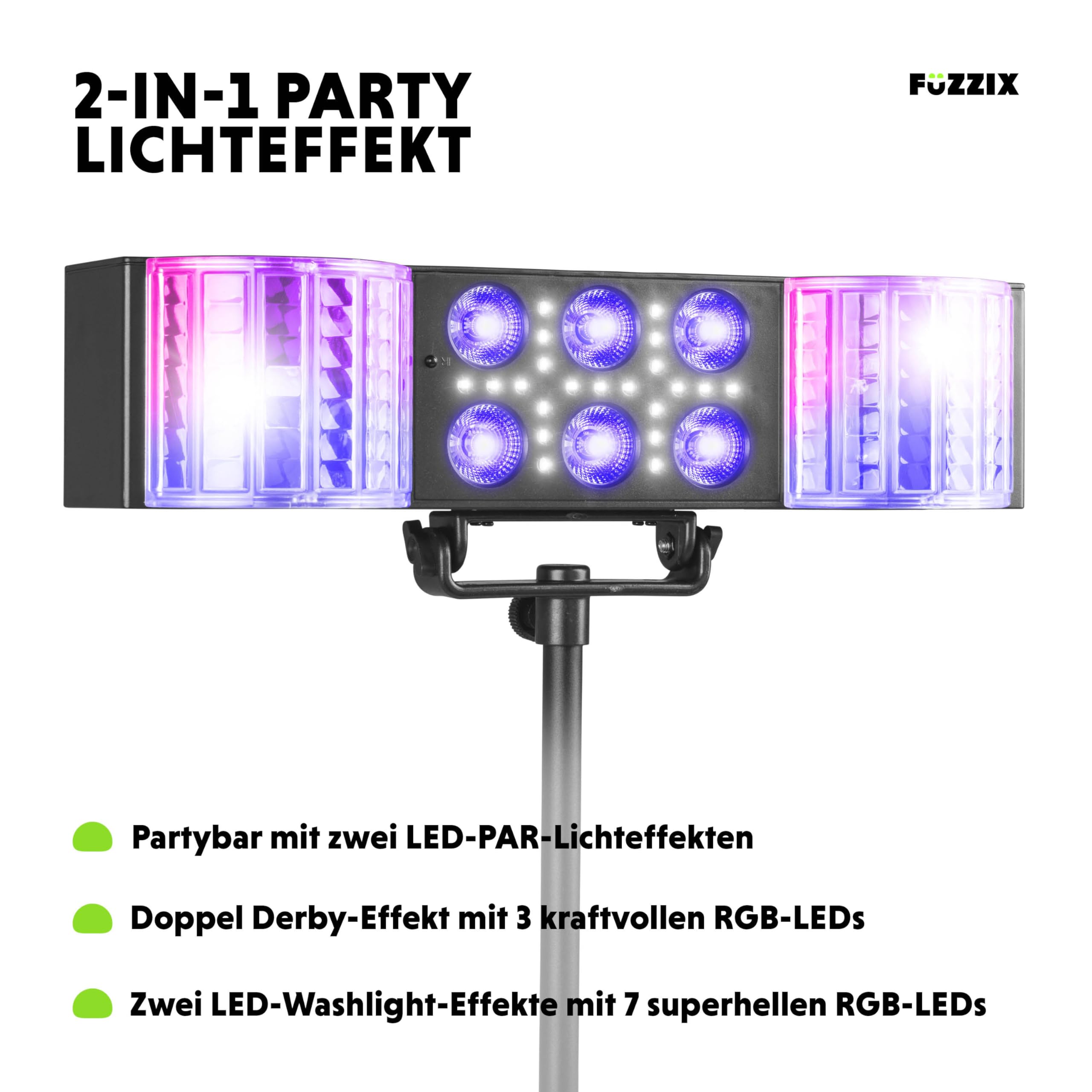 Fuzzix DerbyStar2 Partybar – Discolicht Partylicht mit Doppel Derby, inkl. 170cm Stativ & Fernbedienung, RGB-UV Disco PAR Bühnenbeleuchtung & Stroboskop Blitzer, DJ Beleuchtung, Schwarz