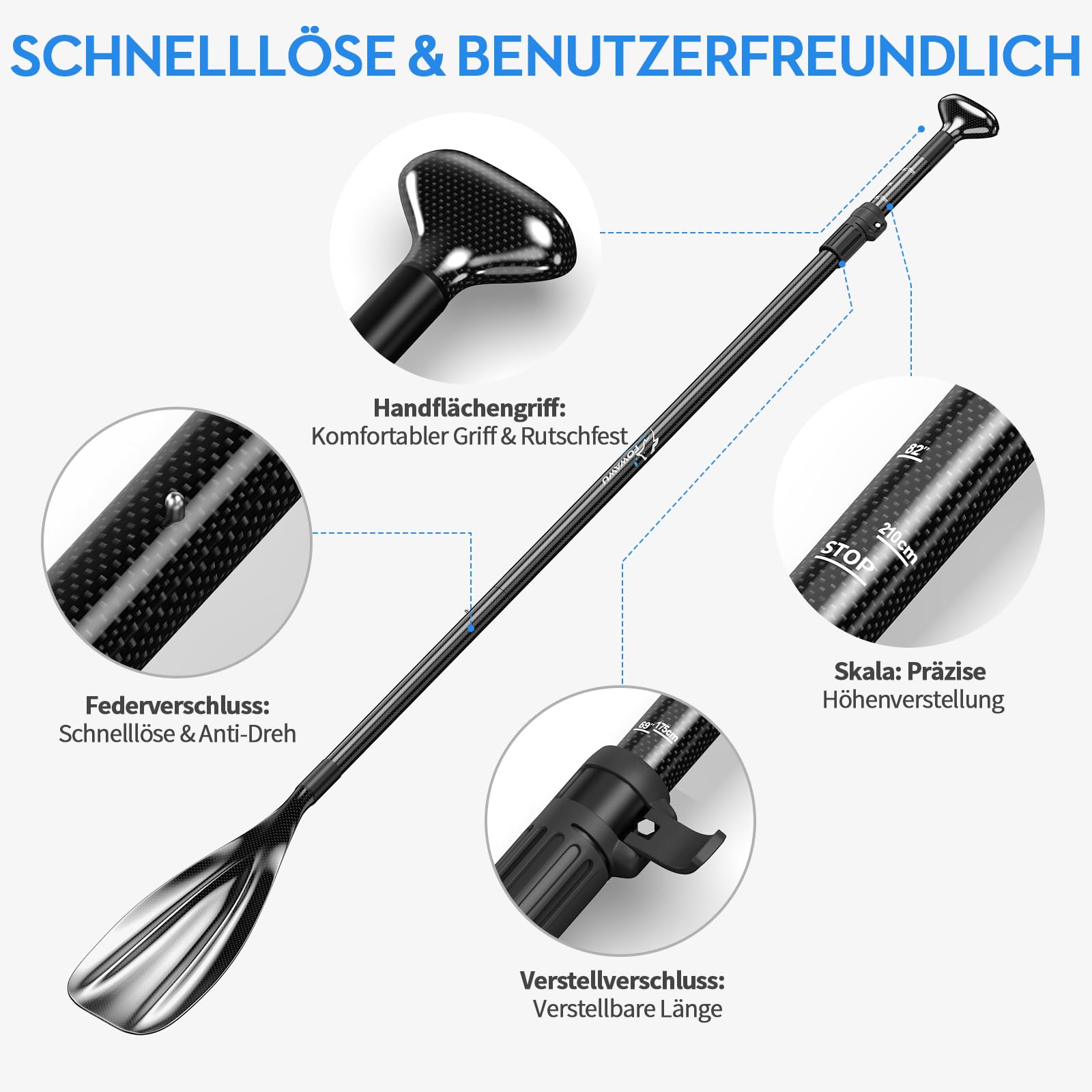 FOWAWU Halbcarbon- / Carbon-SUP-Paddel – 3-teiliges verstellbares Paddel für Stand-up-Paddleboards – Leichtes & schwimmendes Ruder für SUP-Bretter