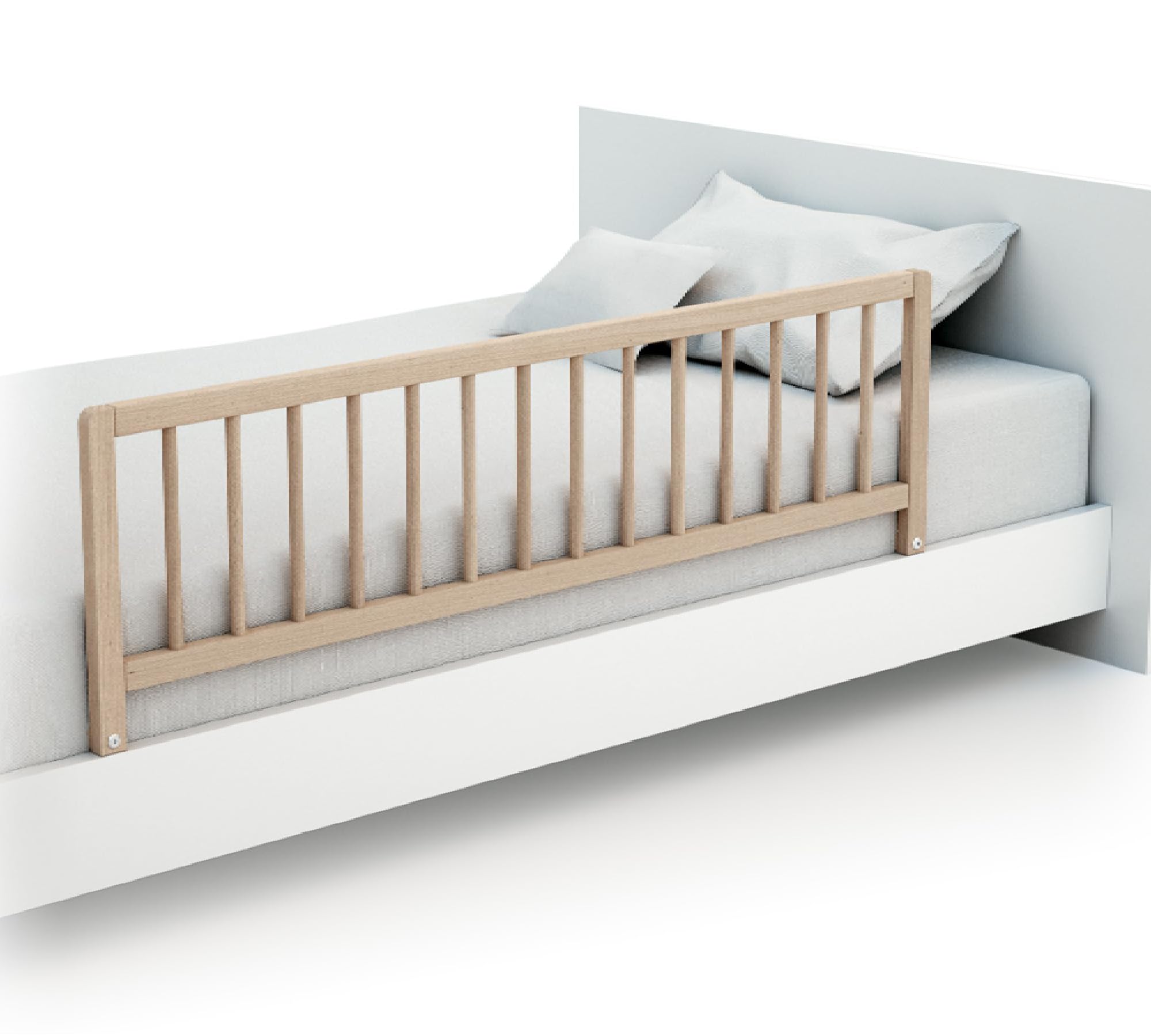 AT4 - Barrière de lit enfant 117cm ESSENTIEL Hêtre Brut en bois | 117 x 34,5 x 31 cm | Limite les chutes | 18 mois à 5 ans | Pour matelas hauteur 10 à 16 cm | Longueur min matelas 175 cm