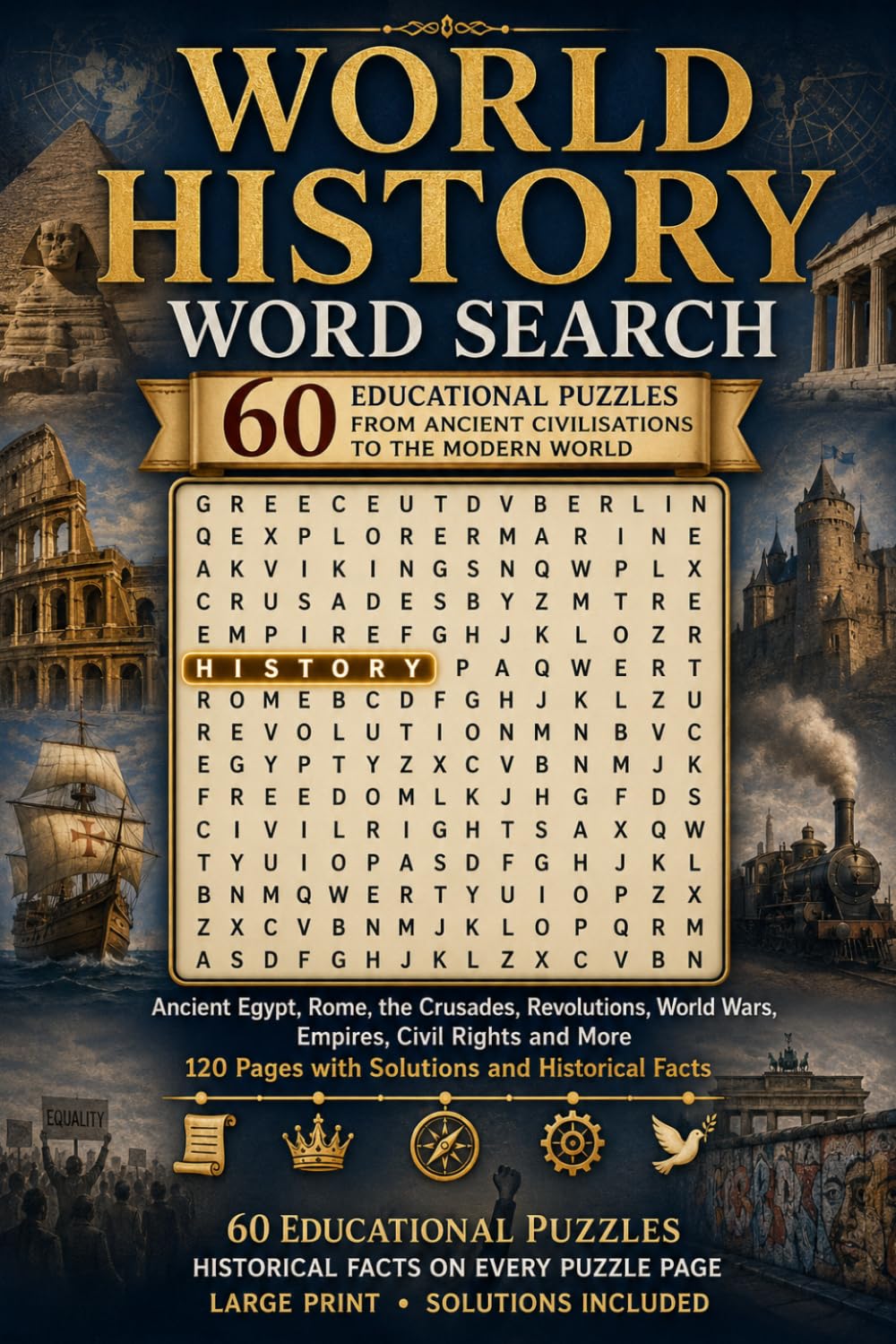 World History Word Search | 60 Educational Puzzles from Ancient Civilisations to the Modern World: Ancient Egypt, Rome, the Crusades, Revolutions, ... 120 Pages with Solutions and Historical Facts