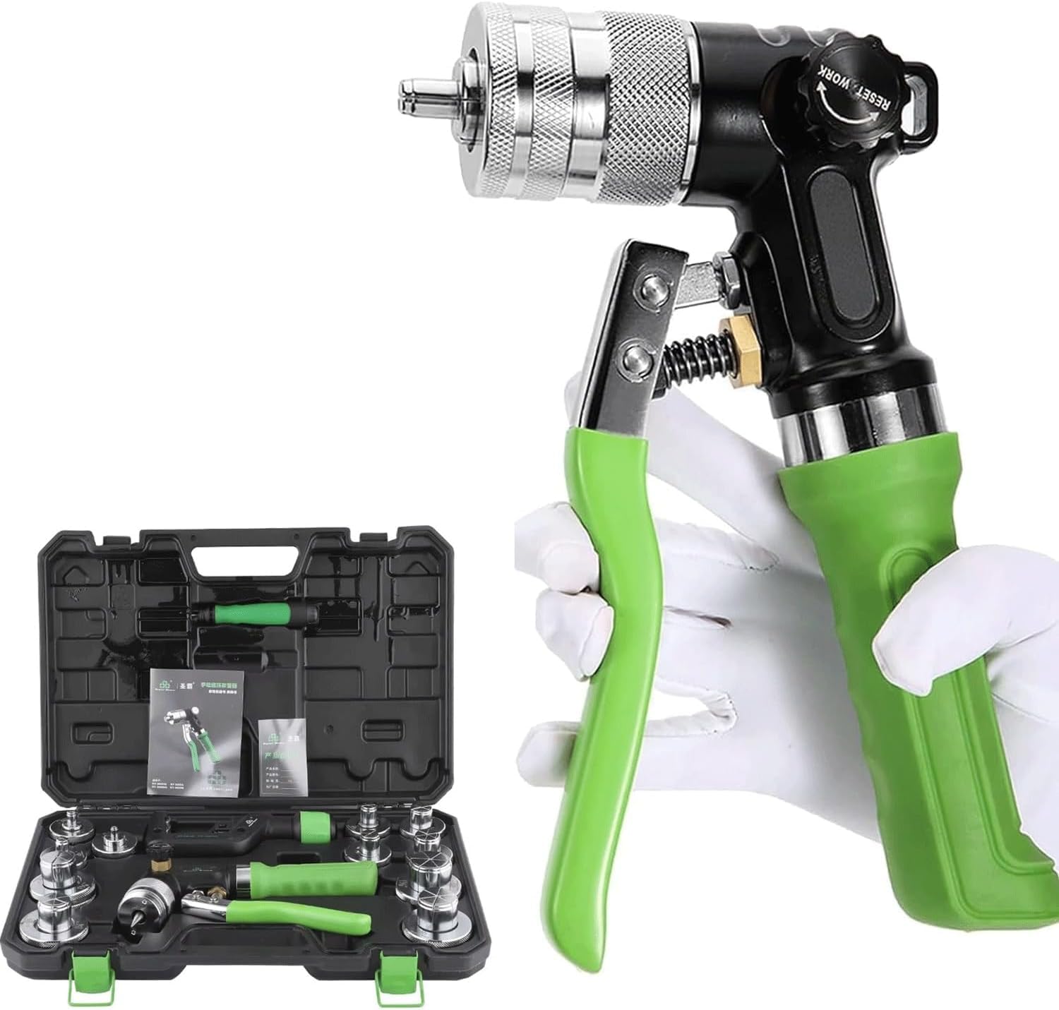 Kit expansor de tuberí hidrá con cortatubos y 7 cabezales de prensado para tuberí de cobre de 3/8 a 1-1/8 pulgadas.