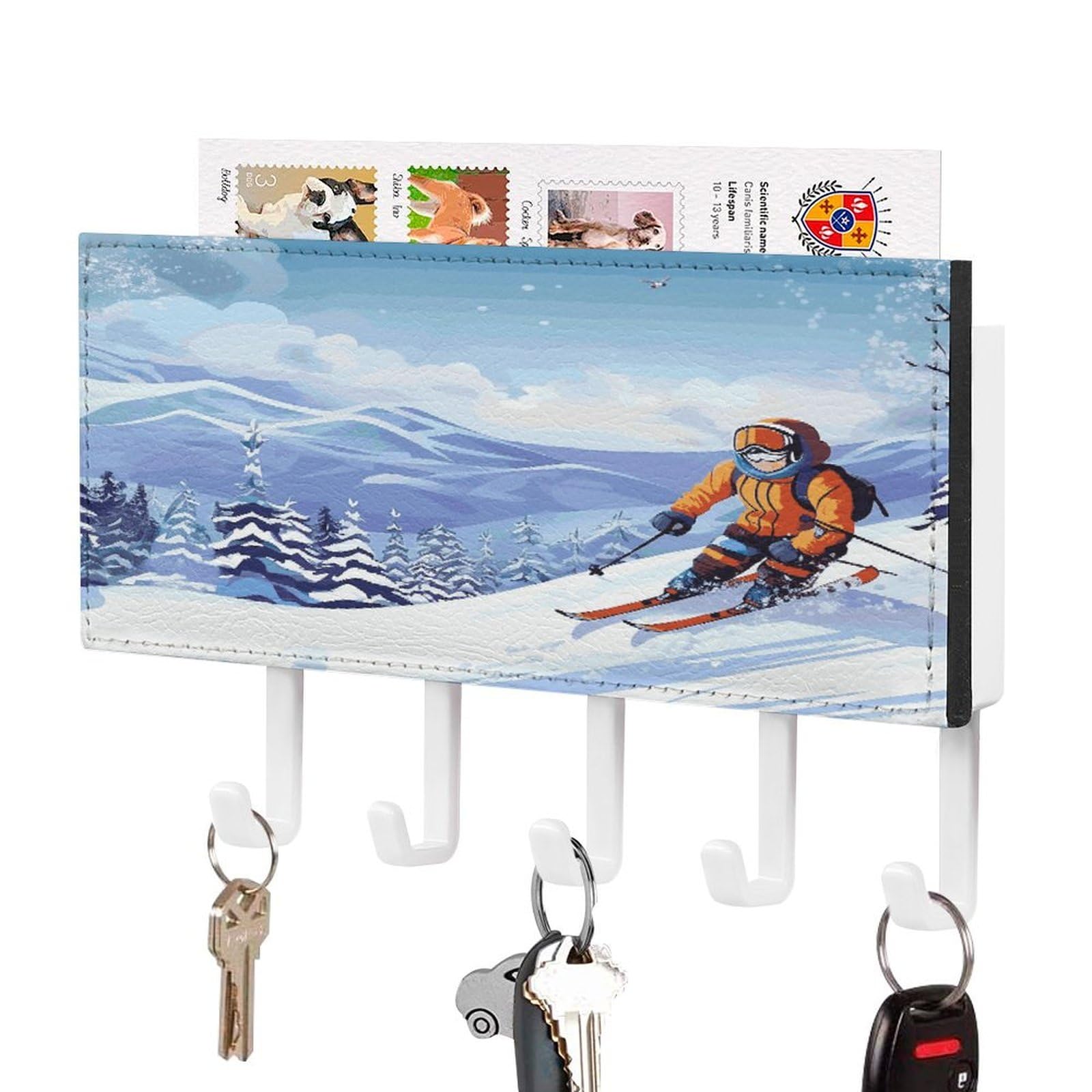 LDGSUPH Winter Skiing Key Holder Wall Mount Key Hanger with 5 Hooks Fashion Key Organizer Rack Hanging Key Hooks with Mail Organizer Key Rack for Home Entryway Hallway White-Style