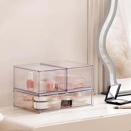 Miniatura 6 de Cajones de almacenamiento de escritorio apilables transparentes, paquete de 3 organizadores de maquillaje de acrílico para baño, fácil de ensamblar,