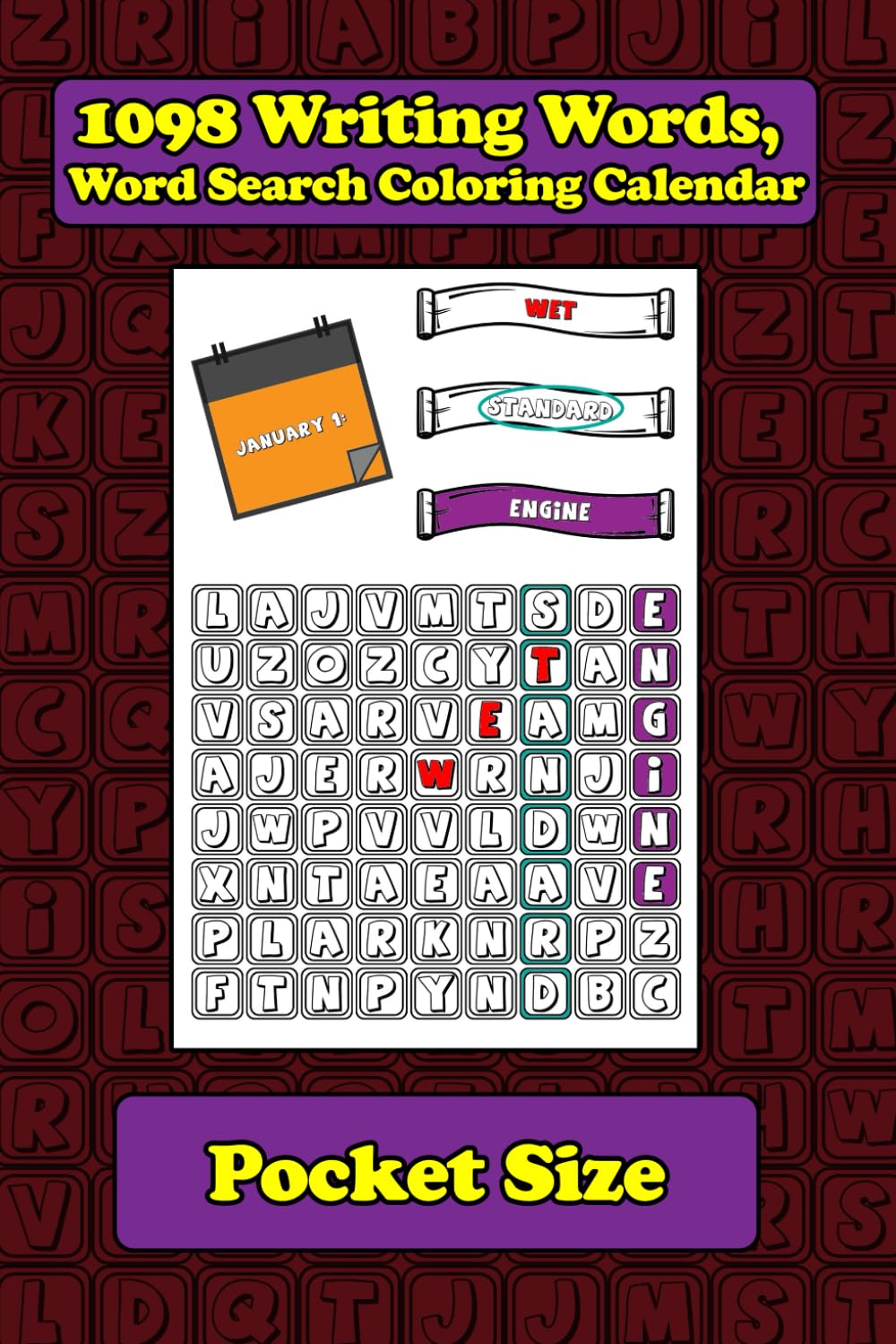 1098 Writing Words, Word Search Coloring Calendar, Pocket Size