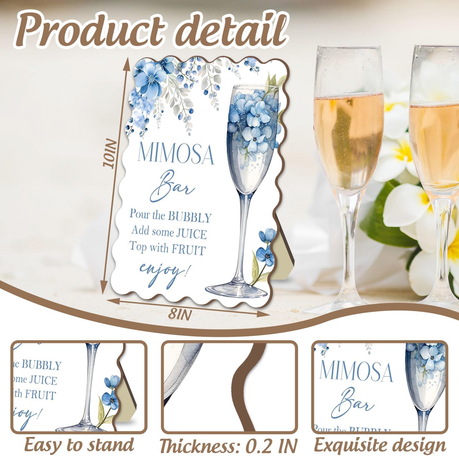 Mimosa Bar Sign for Party Decoration, Blue Floral Mimosa Sign, Bridal Shower Table Decor, Baby Shower Wooden Sign with Stand, Birthday Party Centerpiece Supplies 8 * 10In image 2