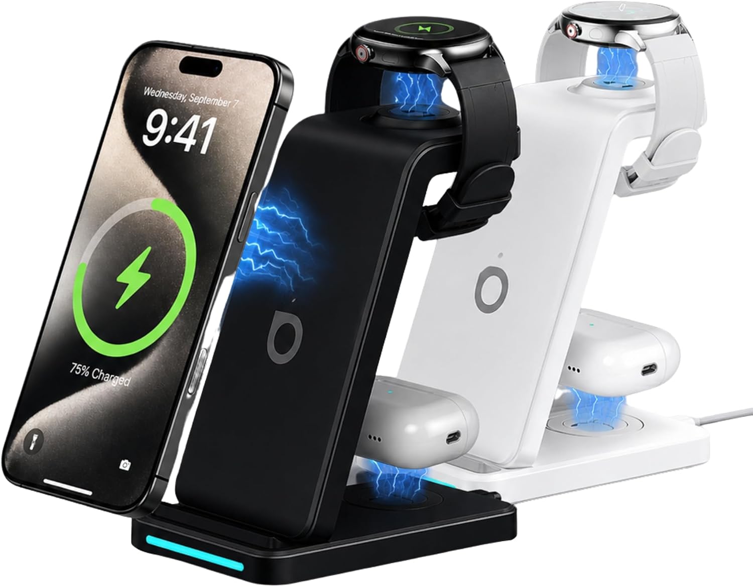 Base de Carregamento 3 em 1 Sem Fio com Suporte Magnético, Para Celular, Relógio e Estojo de Fones, Entrada USB-C, Preto.