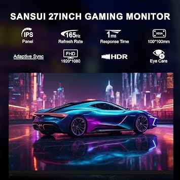 SANSUI 27 inch Monitor 165Hz 1ms PC Gaming Computer Monitor Built-in Speakers, PC Monitor FHD 1080PAMD FreeSync2 x HDMI 2.01 x Display Port 1.4IPSBlacklevel AdjustVESA Compatible