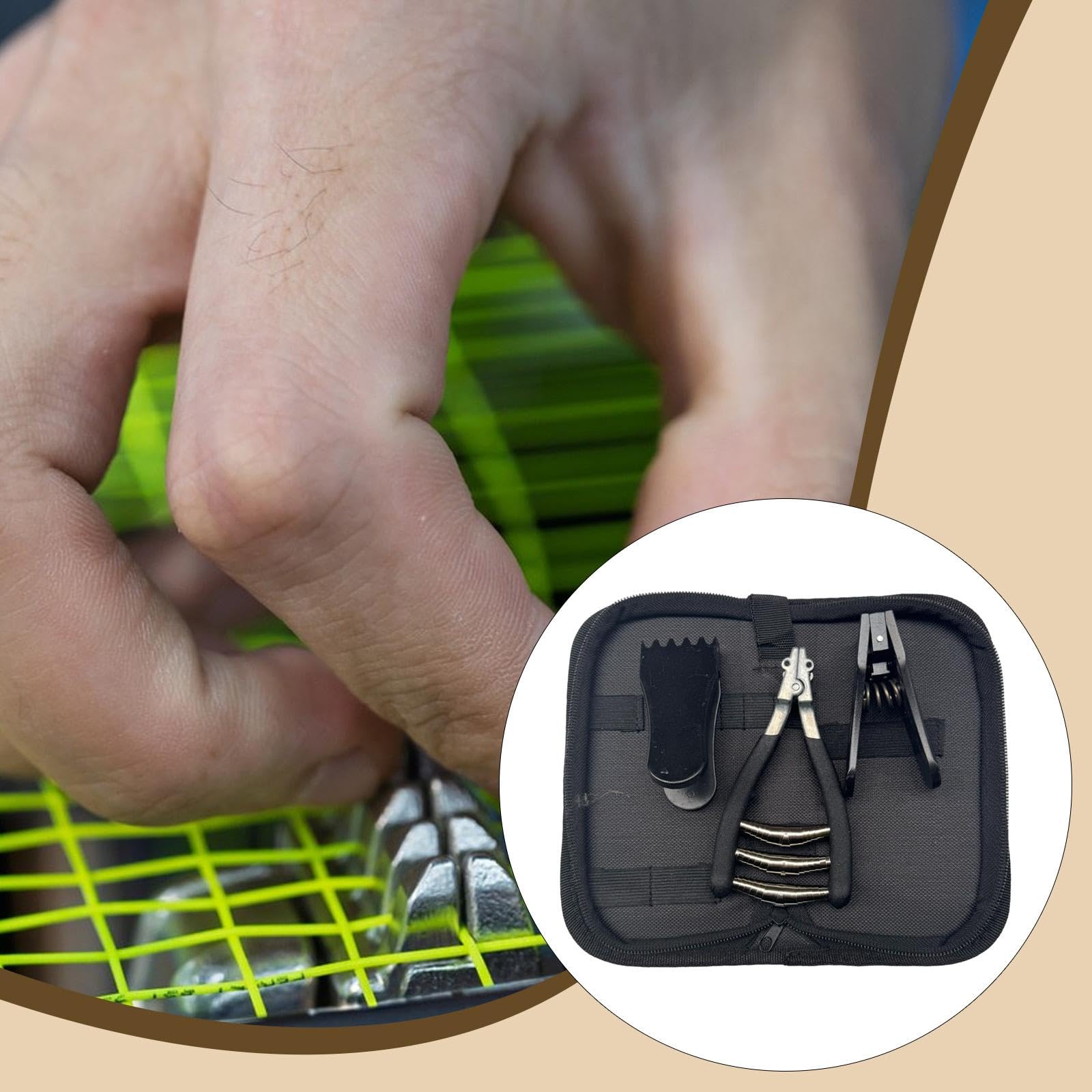 Metallene Startklemme für Tennisschläger mit 2 Besaitungsclips.