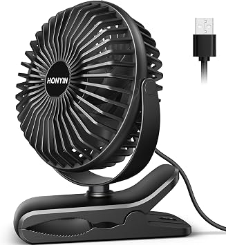 HONYIN 720 Rotation Small Desk, Hang & Clip on Fan by USB Plug In | Sturdy Clamp, 3 Speeds, Quiet Little Personal Cooling Fan for Bedroom Office Desktop Treadmill