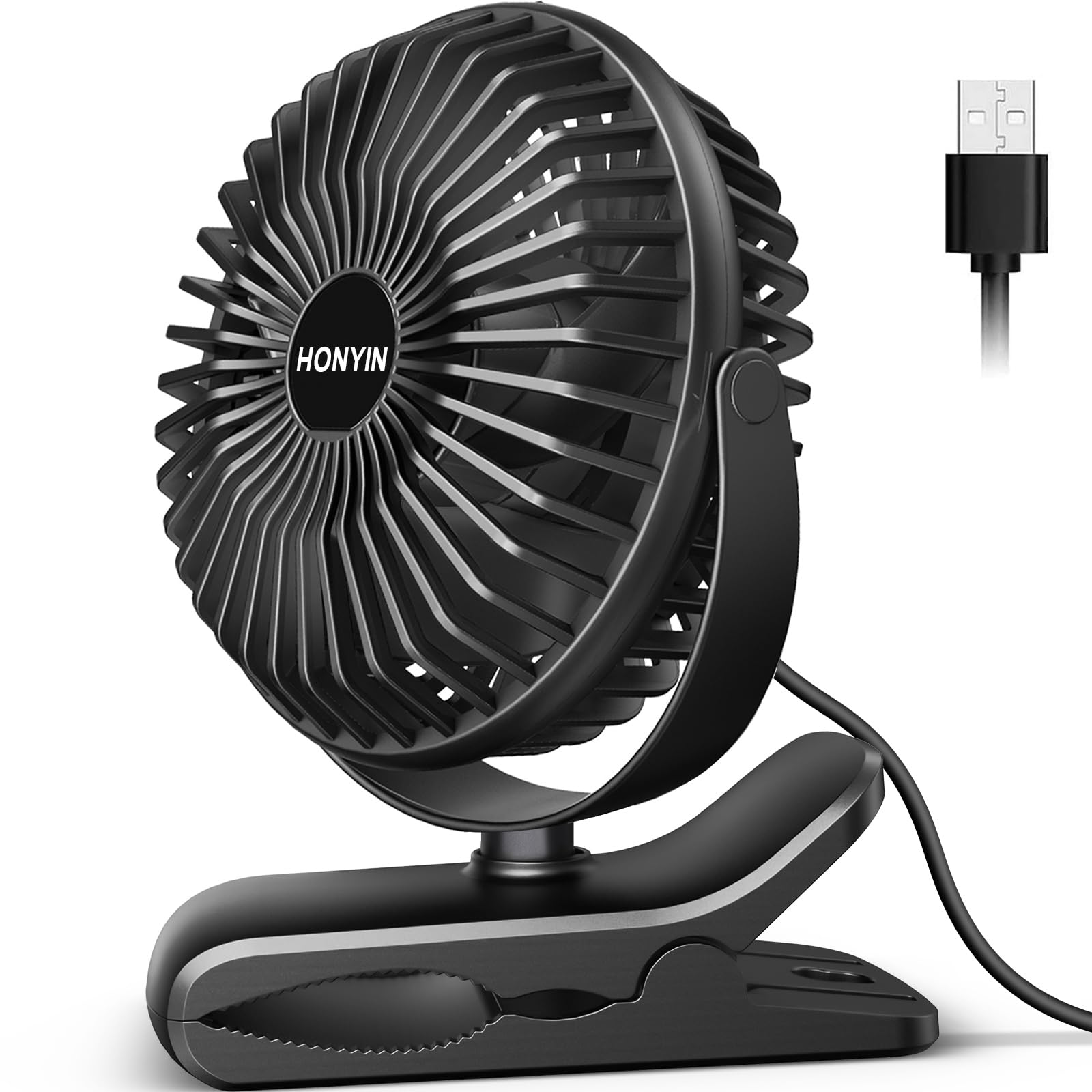 HONYIN 720° Rotation Small Desk & Clip on Fan with Sturdy Clamp, 3 Speeds, Quiet Little Personal Cooling Fan by USB Plug In, for Bedroom Office Desktop Treadmill