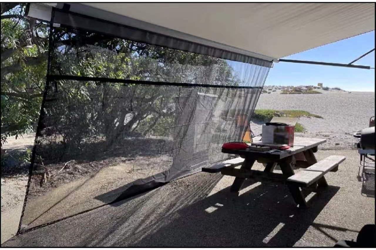 RV Awning Sun Shade Screen with Zipper, 8'x15'3" Black Mesh Camper Awning Screen, UV Protection Privacy Sun Blocker, Universal for Trailer Motorhome RV, Includes Ground Stake & Hammer Installation Kit