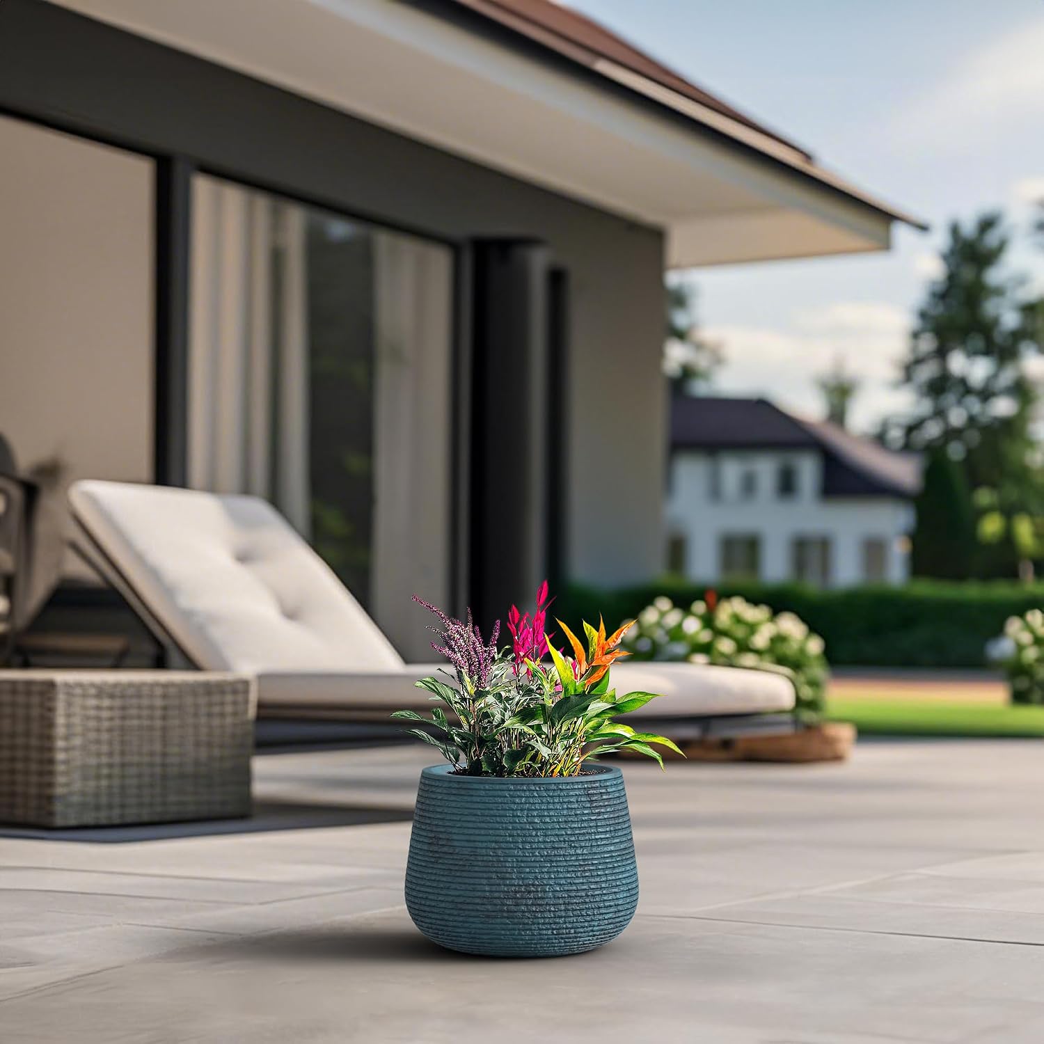 Round Concrete Planter, 12.5 Inch Dia Mineral-Toned Surface Plant Pot with Drainage Hole and Plug, Ideal for Succulents, Flowers and Trees for Porch, Patio or Home, Ocean Teal Veil