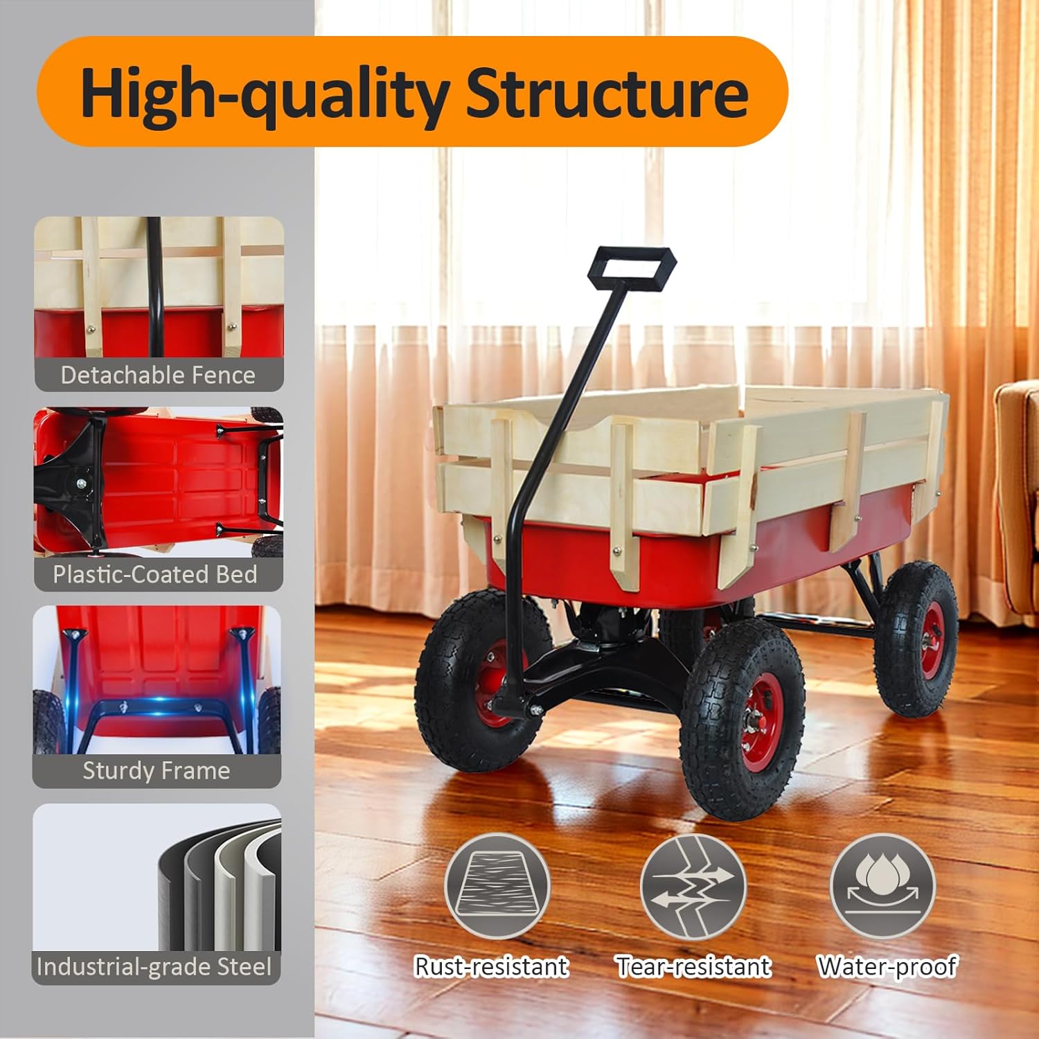 176 LBS Kids Wagon Cart, Heavy Duty with Steel & Wooden Sides, 85L Large Capacity, 10-Inch Inflatable Wheels for Beach, Picnic, Shopping (Red)