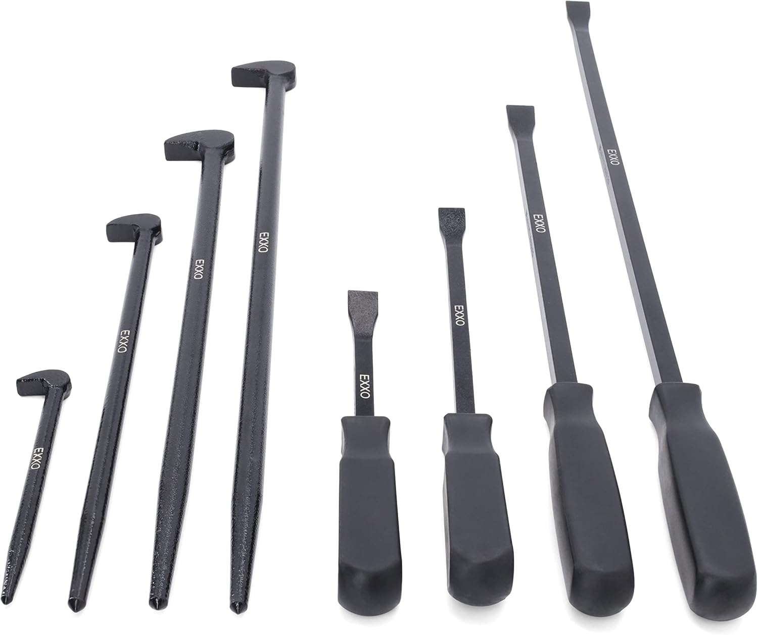 EXXO | 8-Piece Pry Bar Set | 8, 12, 18, 25 Inch Handle Prybars | 6, 12, 16, 20 Inch Rolling Pry Bars | For Prying, Lifting and Moving
