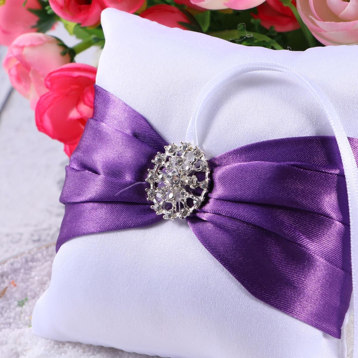 Mipcase Cloth Wedding Ring Bearer Pillow Crystal Ribbon Decor 10x10cm
