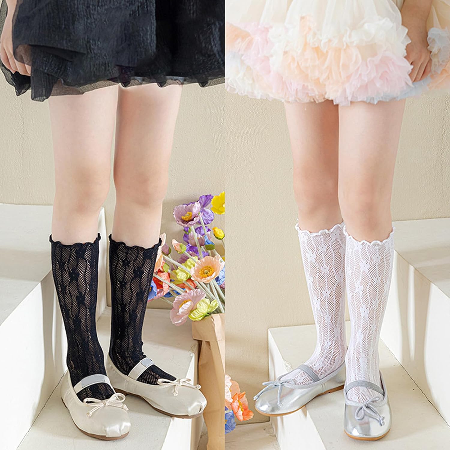 1 Pair ' s Socks Spring Thin Hollowed Out Flower Mesh Socks Sweet Girls Stackable Stocking Elastic