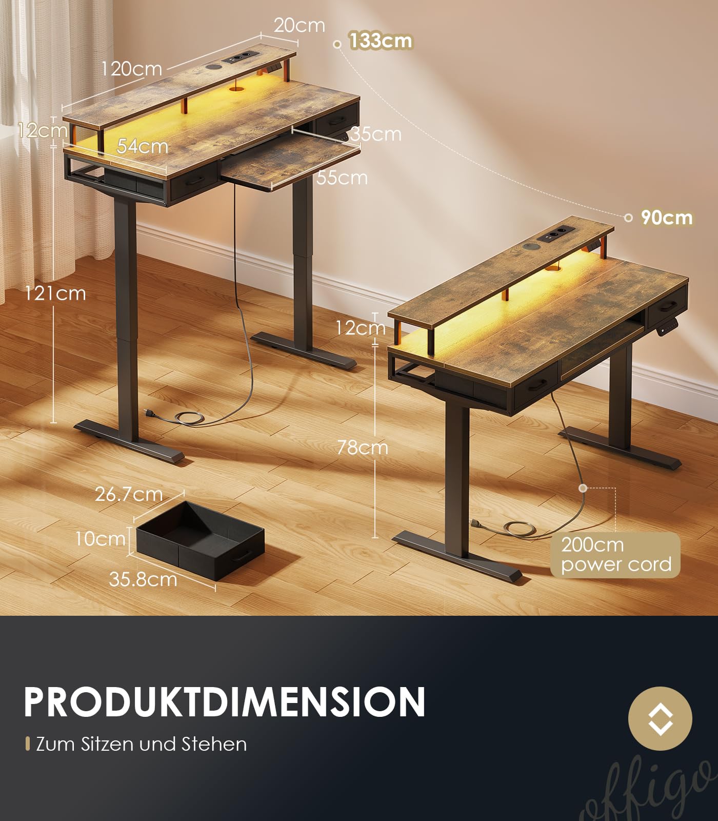OffiGo Elektrisch bureau met laden, 120cm In hoogte verstelbaar bureau
