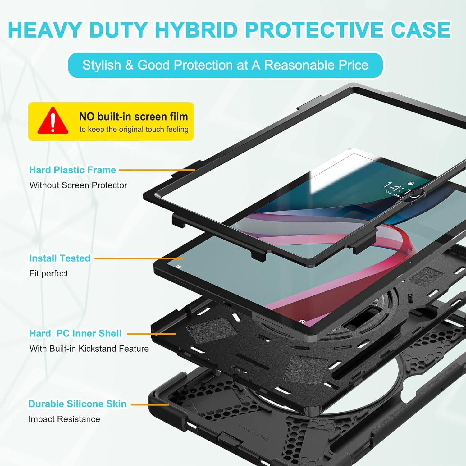 Junfire Shockproof Case for Lenovo Tab P11 Pro Gen2 11.2 inch (TB-132FU/TB-138FC) 2022, Heavy Duty Rugged Case with Stylus Holder/Hand Strap/360°Rotating Kickstand/Shoulder Belt, Black