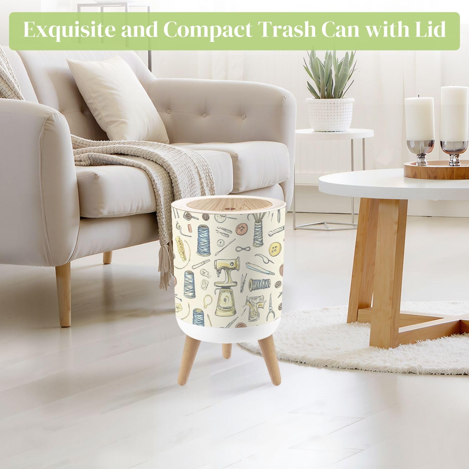 Small Trash Can with Lid Seamless hand drawn vintage sewing tools Sew machine scissors Round Press Top Garbage Can with Legs Trash Bin Waste Basket for Kitchen Bedroom Bathroom 7L/1.8 Gallon