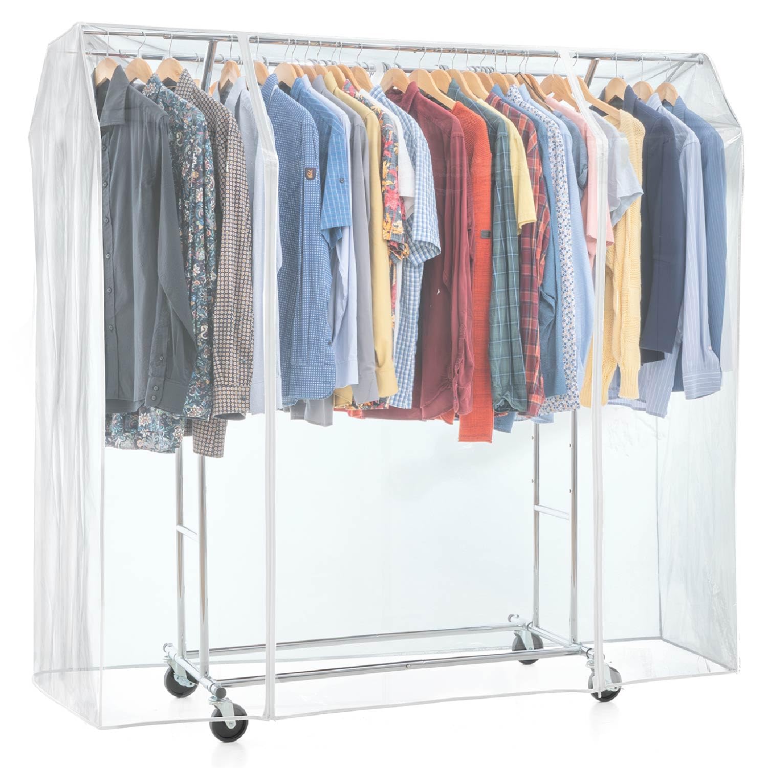 Tatkraft Denver & Safe - Stender Appendiabiti con Copertura, Doppio Barra, Portata 110kg, Appendiabiti con Ruote, 129–169×55×148–172cm Acciaio Cromato