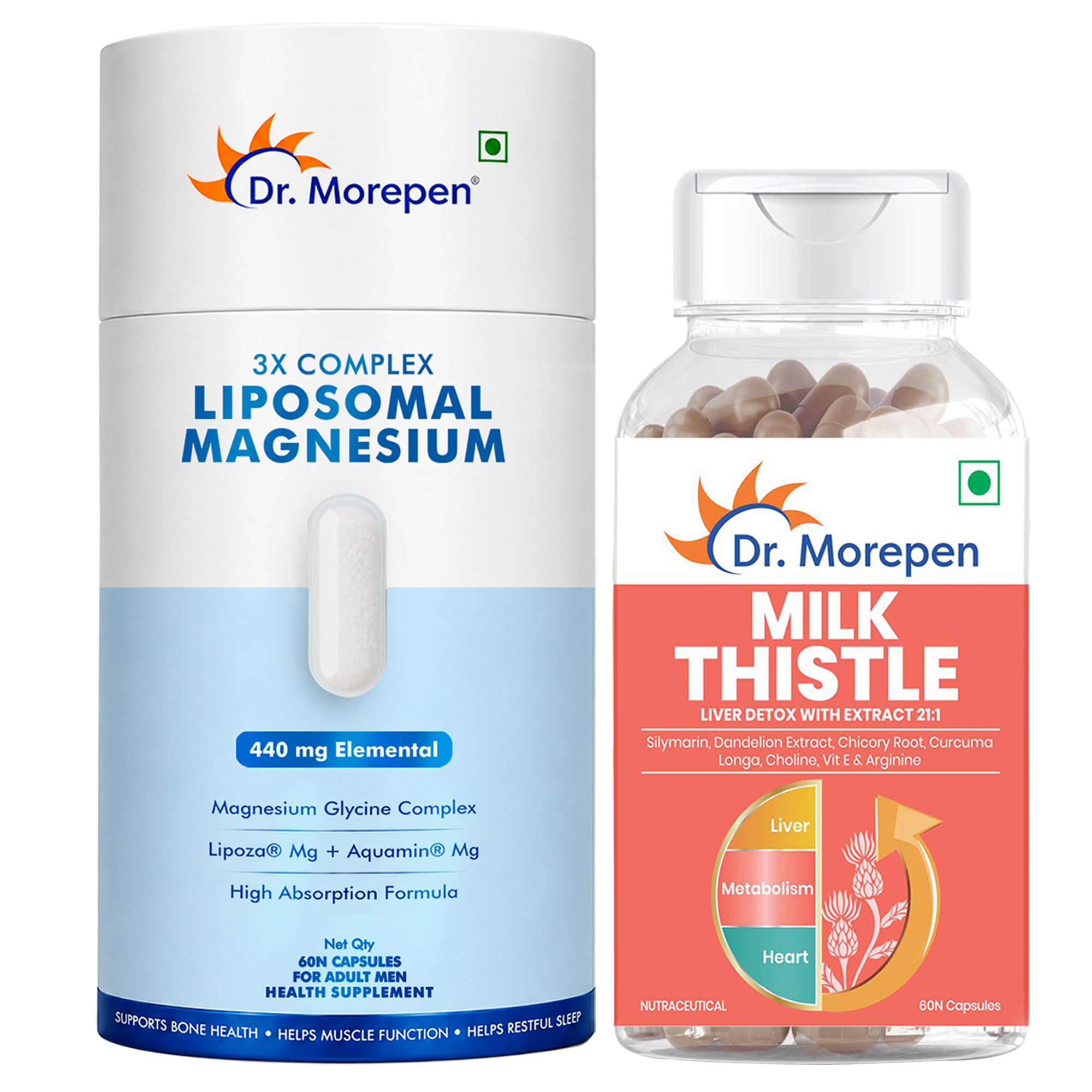 Dr. Morepen Liposomal Magnesium Complex 440mg with Aquamin®, Magnesium Glycinate, Vitamin D2, K2-7, B6 & B12 + Milk Thistle Capsules for Men & Women | Daily Wellness Combo Pack-image-42