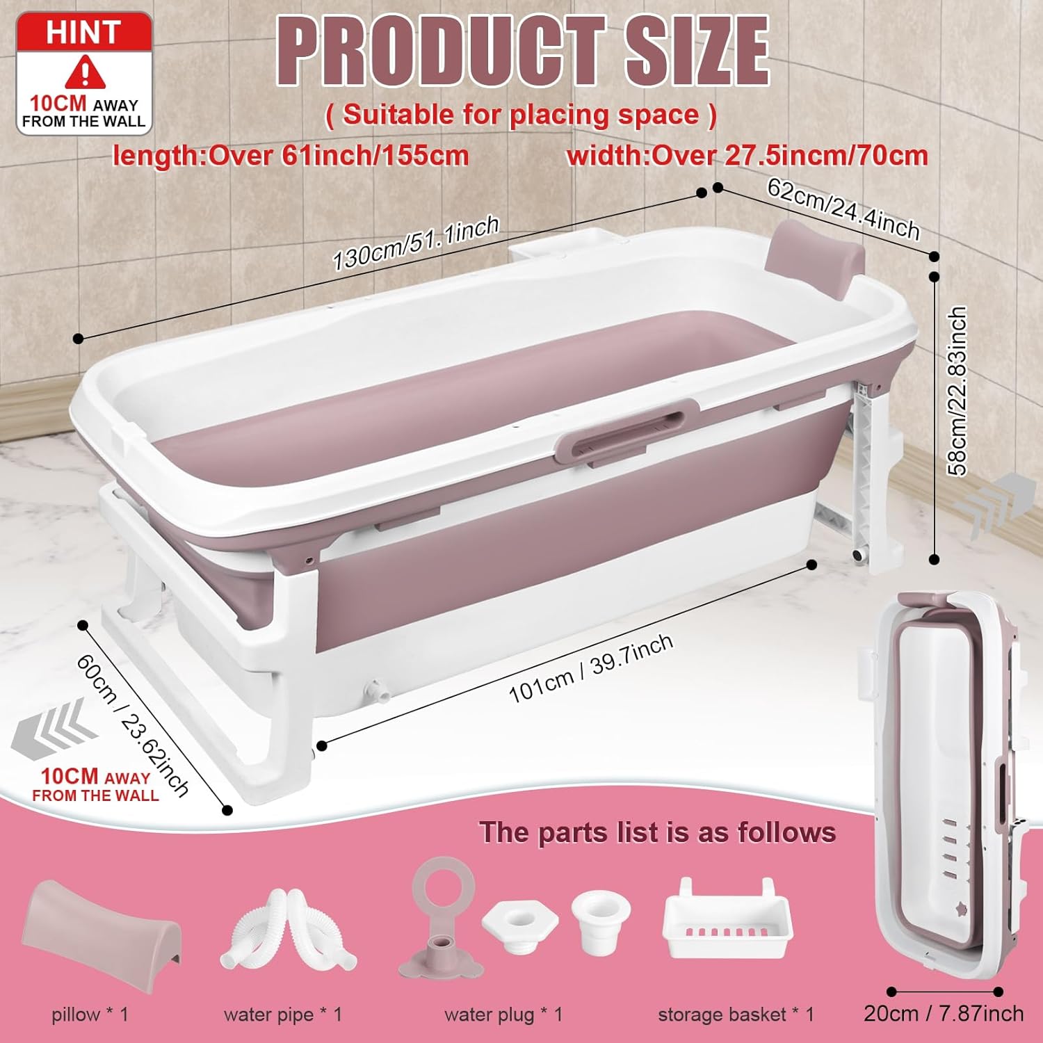 Foldable Bathtub Portable Soaking Bath Tub for Adult,Ideal for Hot Bath Ice Bath with Reached Out Hands 51 inch Foldable Collapsible tub Effortless Folding Bathtub Blue