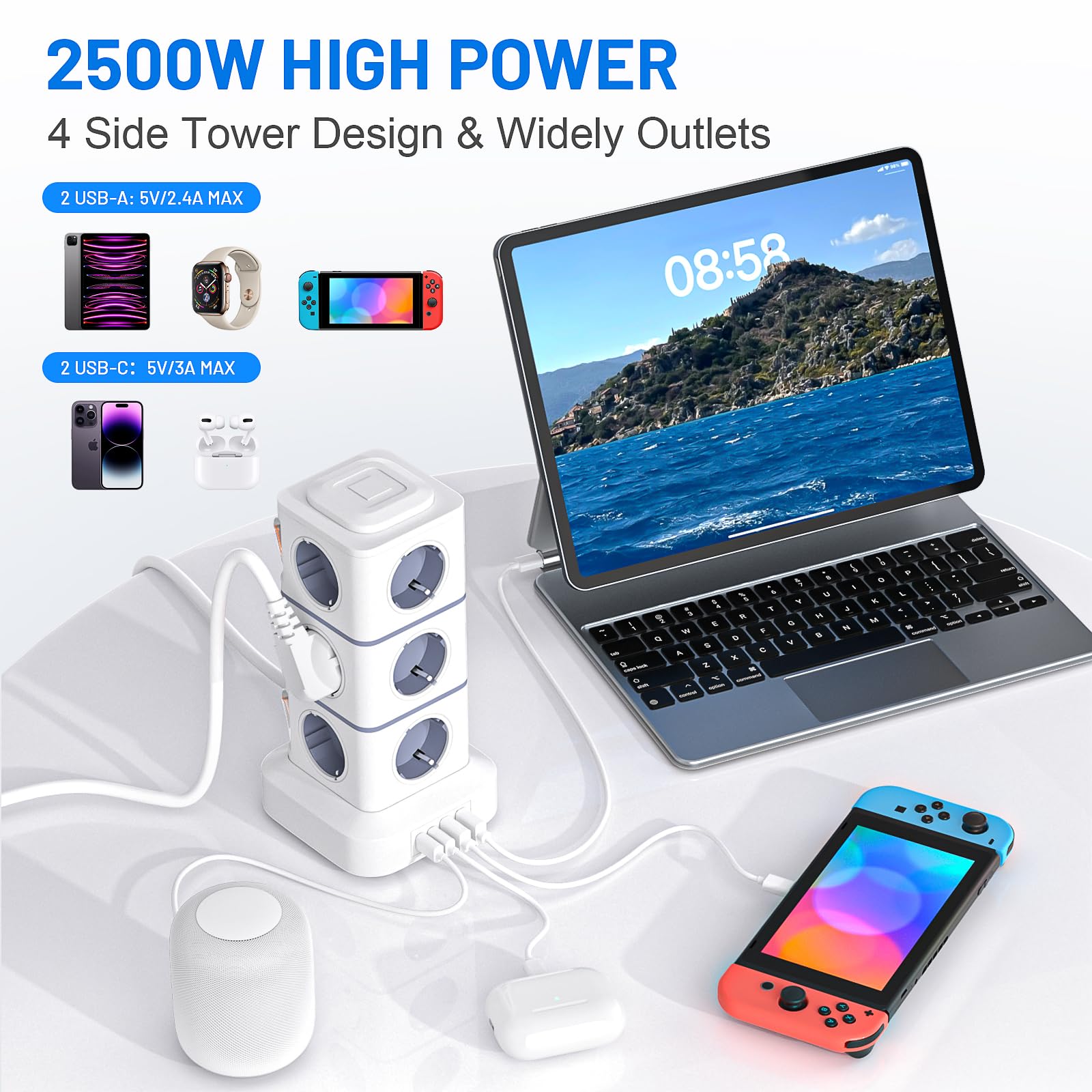 Power Strip Sockets 16 in 1 Vertical Power Strip Plugs with 12 Outlets and 2USB-A 2USB-A 2USB-C Tower Power Strips Sockets 2500W/10A Overload Protection 3 Meter Cable with Switch for Office Home — view 3
