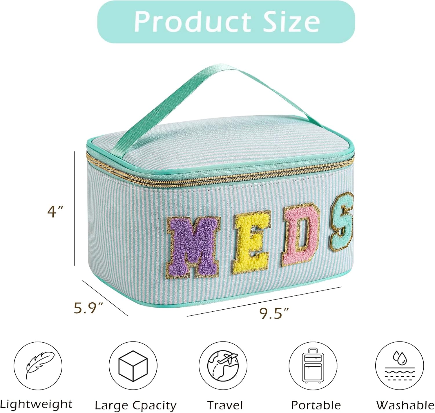 uekeboag Personalized Chenille Letter Seersucker MEDS Makeup Bag,Large Size Medicine RX Cosmetic Bag with Top Handle, First Aid Travel Organizer Bag for Women Girls(02Light Green) image 2