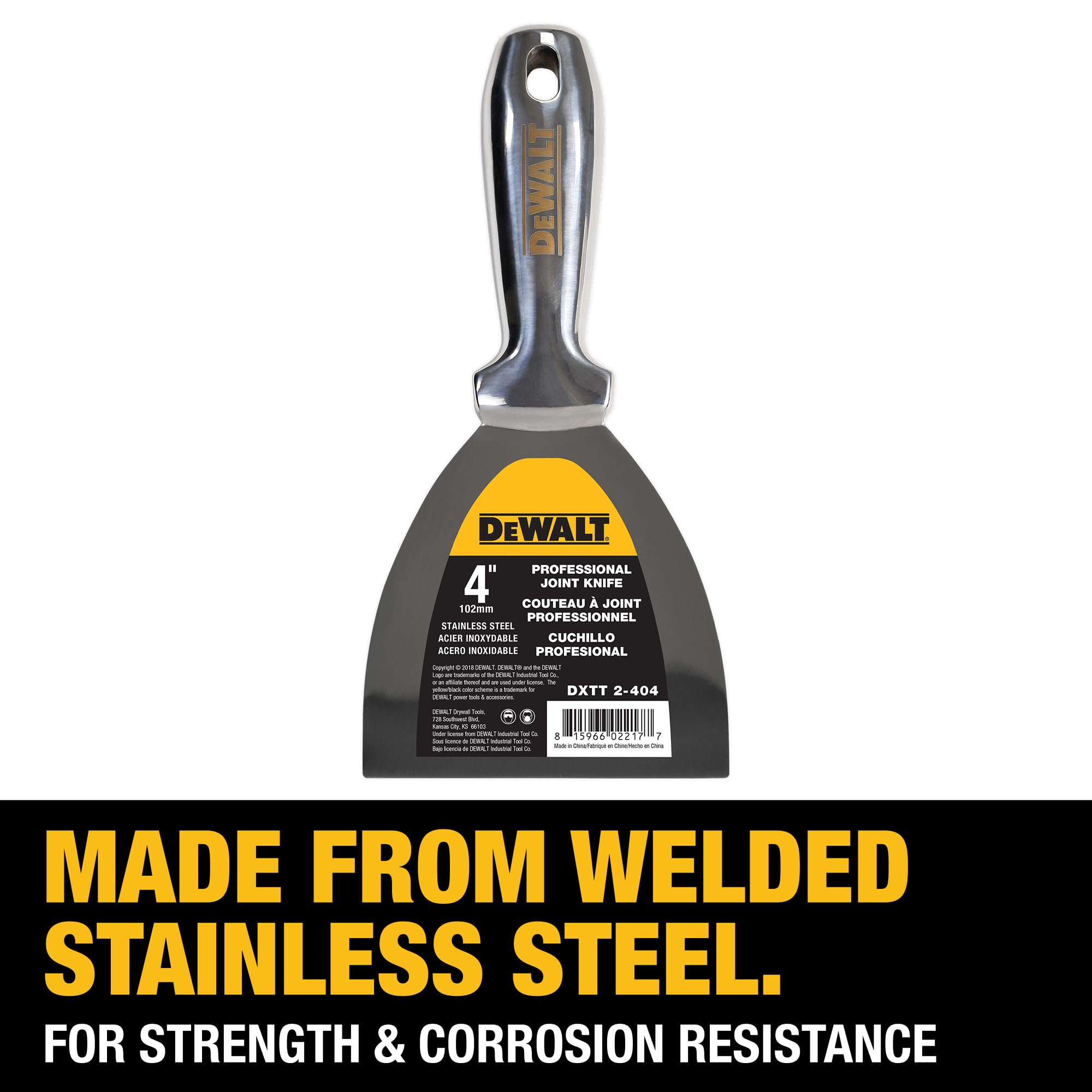DEWALT Cuchillo para juntas de acero inoxidable de 4 pulgadas, hoja de masilla de metal pulido de una sola pieza | 2-404