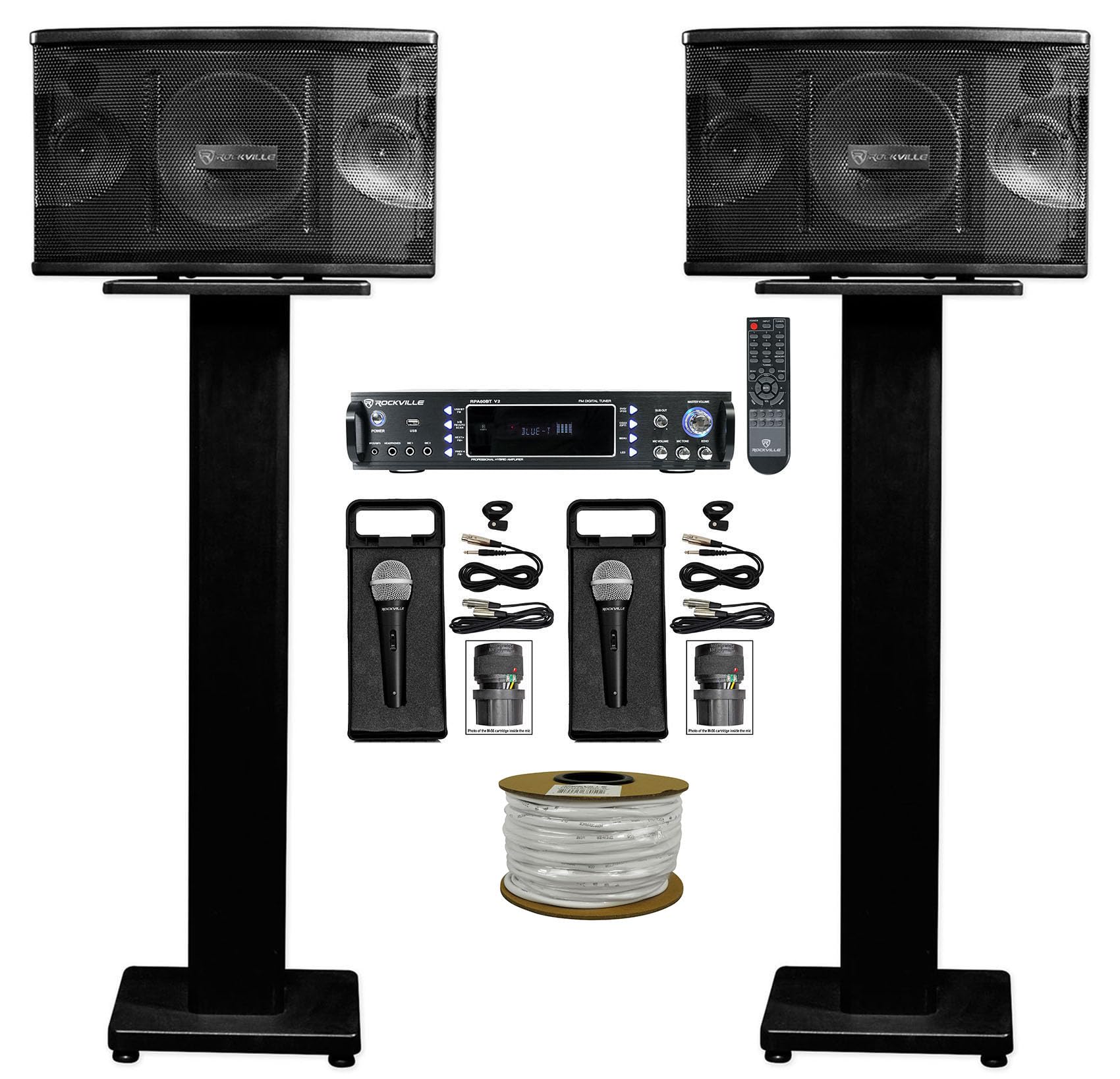 Audiosavings Bundle: (1) Pair RV KPS80 Karaoke/Pro Speaker+Bluetooth Amp+Stand Bundle with (2) RV RMC-XLR Metal DJ Handheld Wired Microphone Mic w (2) Cables & (1) RV RPA6000USB Amp w/USB (Items 5)