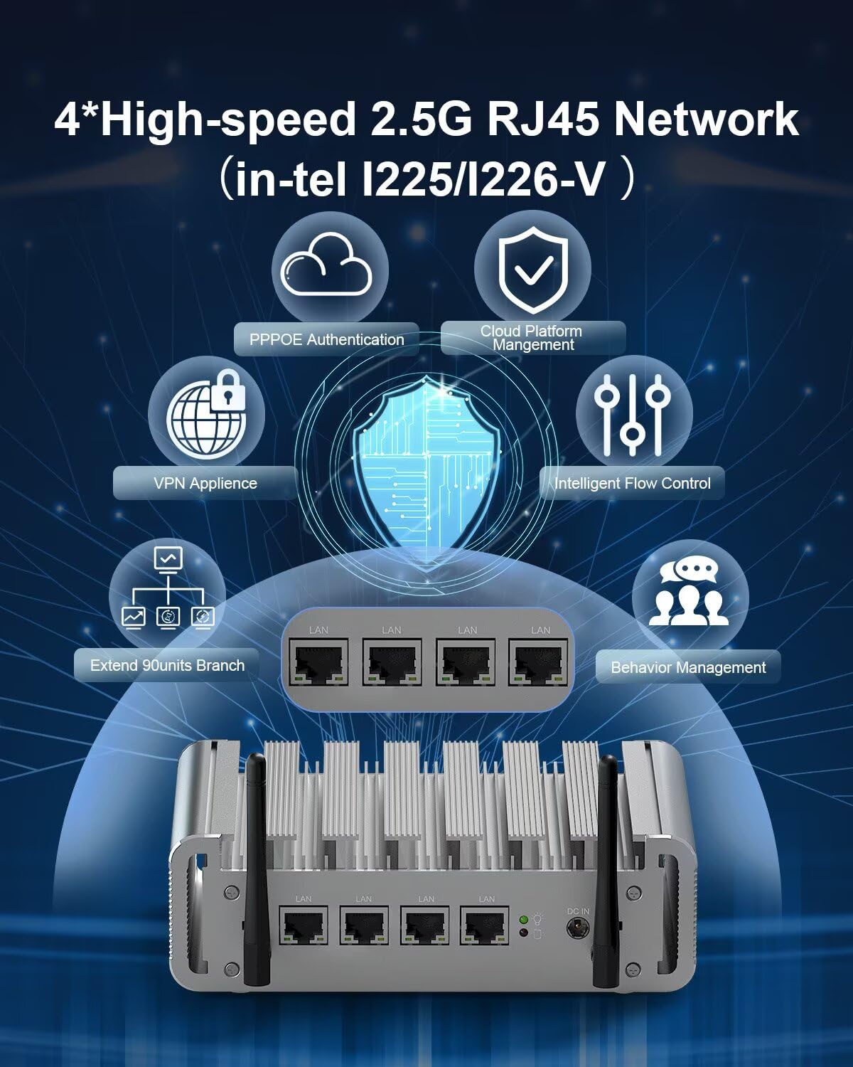 VENOEN Firewall Micro Appliance 2.5Gbe Mini PC N100, VPN Router PC 8G DDR5 RAM 128G SSD, Fanless Mini PC Network Security Server, HD, DP, 4 x i225 NICs, WiFi, SIM-Slot, Win 11/Firewall Software