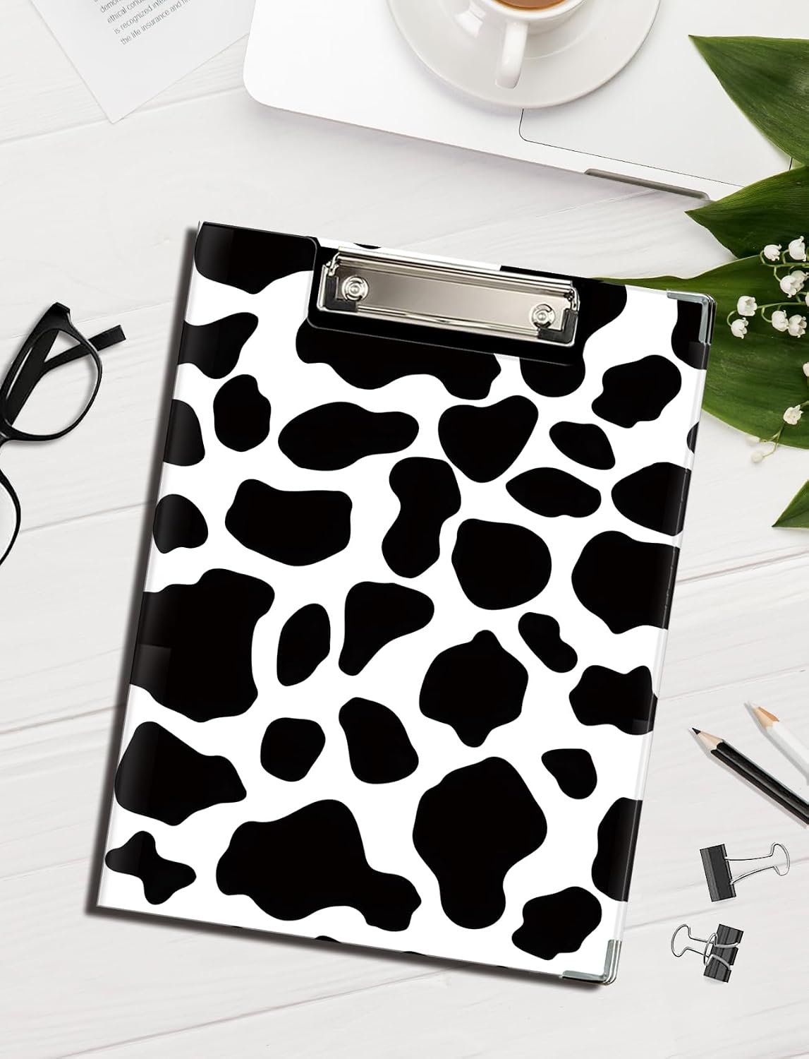 Cow Print Clipboard with Storage for Office Classroom Desk, Cow Print School Office Supplies, Black White Animal Print Padfolio with Clipboard for Teachers Nurses Students, 12.5x9 in image 3