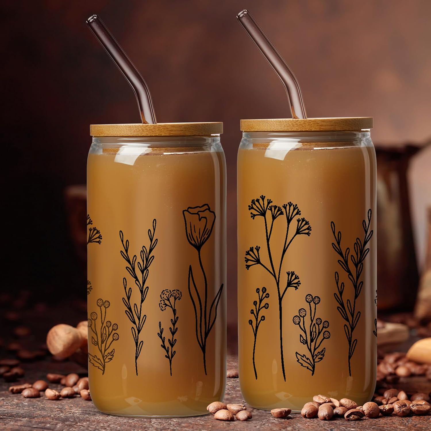 Zubebe Glass Cups with Lids and Straw Aesthetic Cute Design Christmas Wildflower Mugs 16 oz Boho Iced Coffee Cup Cute Floral Tumbler for Women Coffee Lover Bridesmaid Stuff