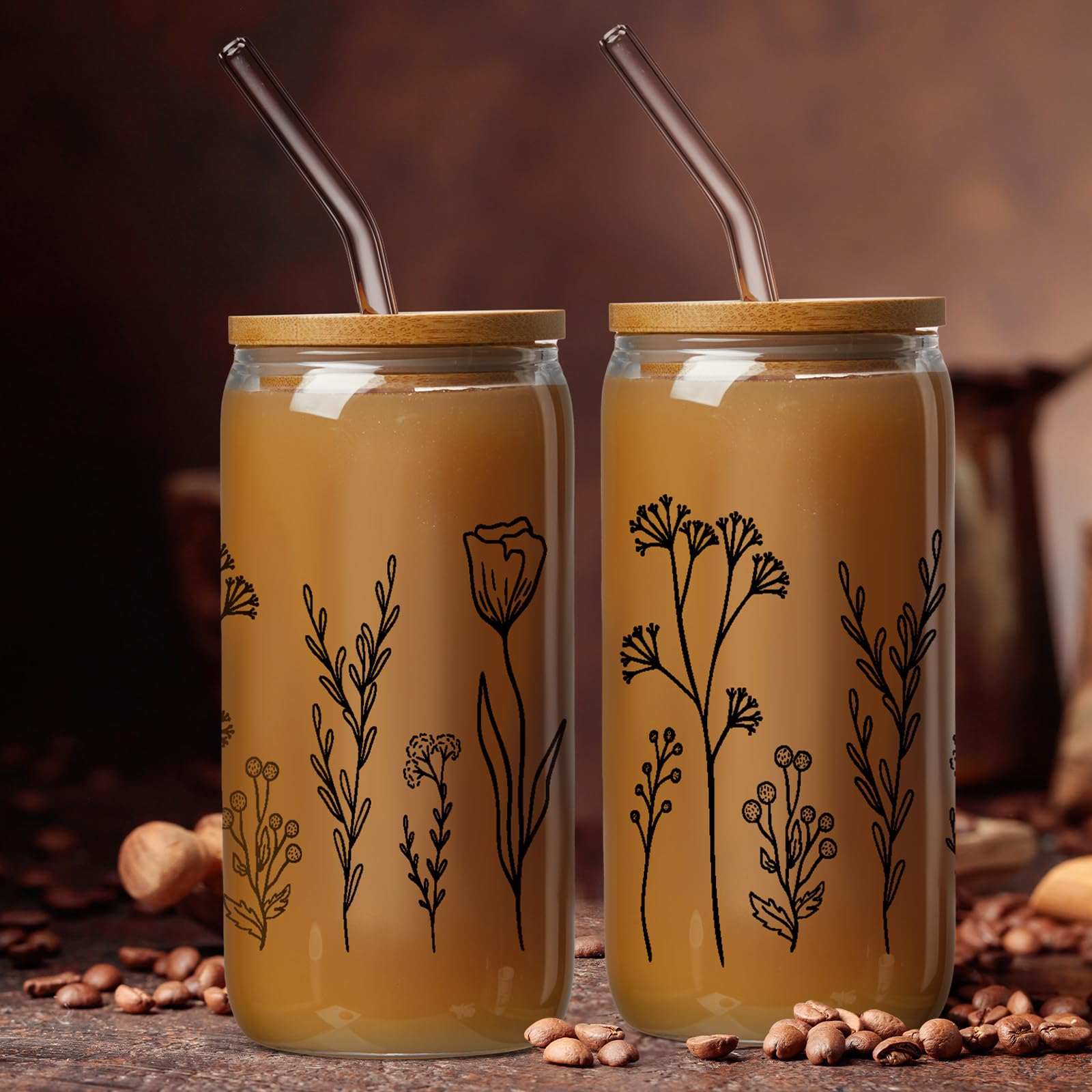 Zubebe Vaso de cerveza con diseño de flores silvestres con tapas y pajilla, vasos florales, taza de café helado, bonito vaso de café estético bohemio con 2 cepillos de limpieza para beber (negro, 4