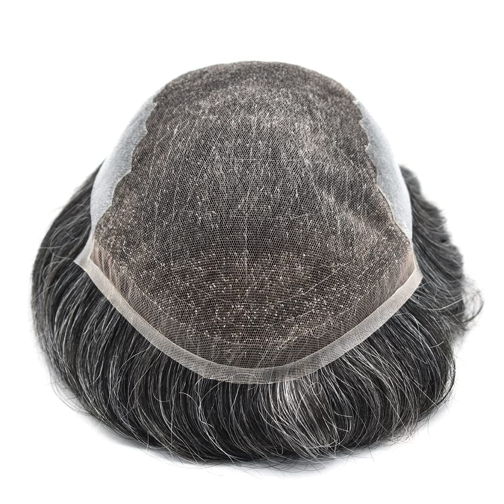 Men Toupee French Lace Front Mens Toupee Hairpieces Poly Skin PU Natural Hairline Replacement Wig (6''x8''120% Light Medium Density, 1B50# Natural Black With 50% Gray)