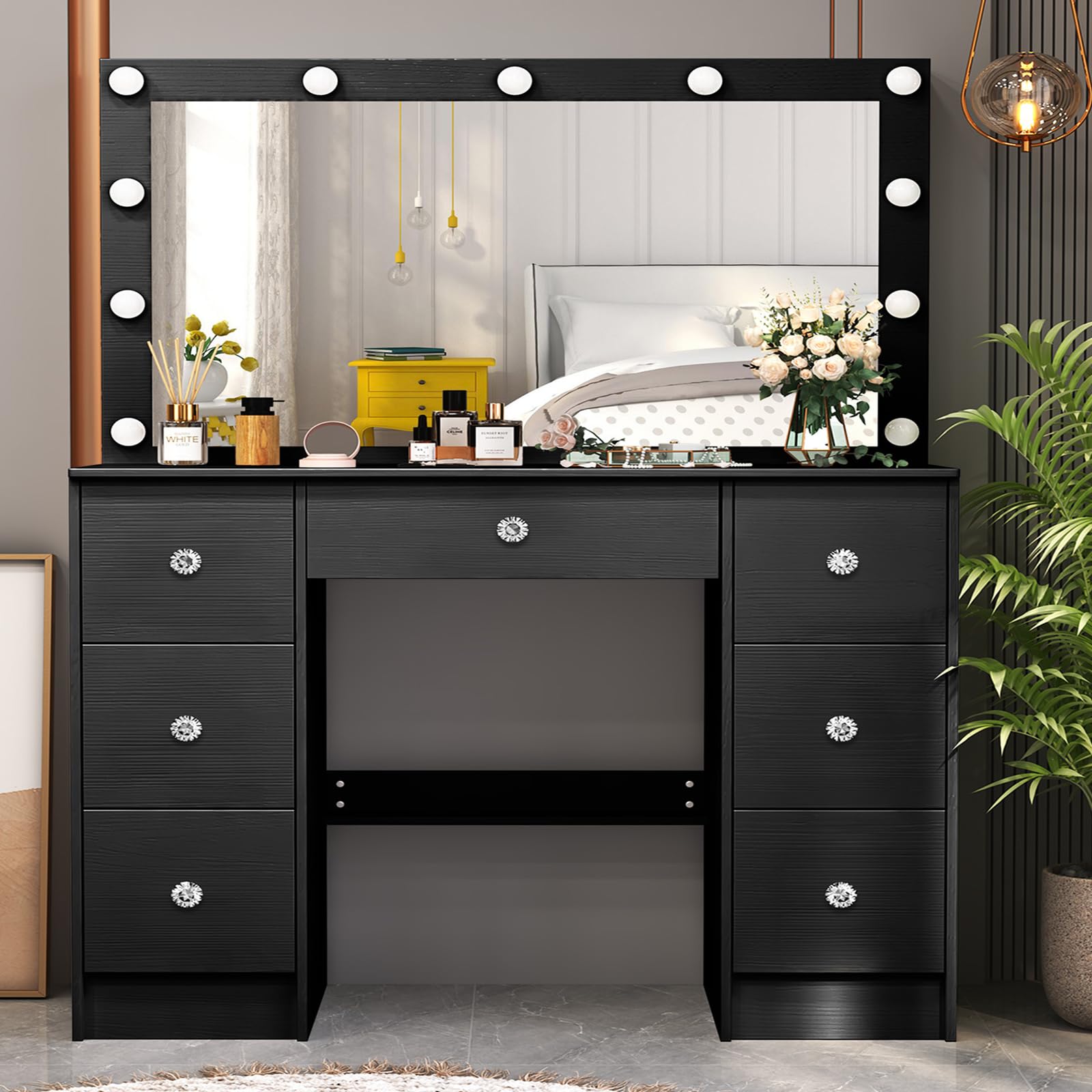 55.1" H Black Big Vanity Desk with Big Mirror, 7 Big Drawers 11 Bulbs 3 Modes Light & Large Mirror Makeup Vanity Table for Adults Bedroom