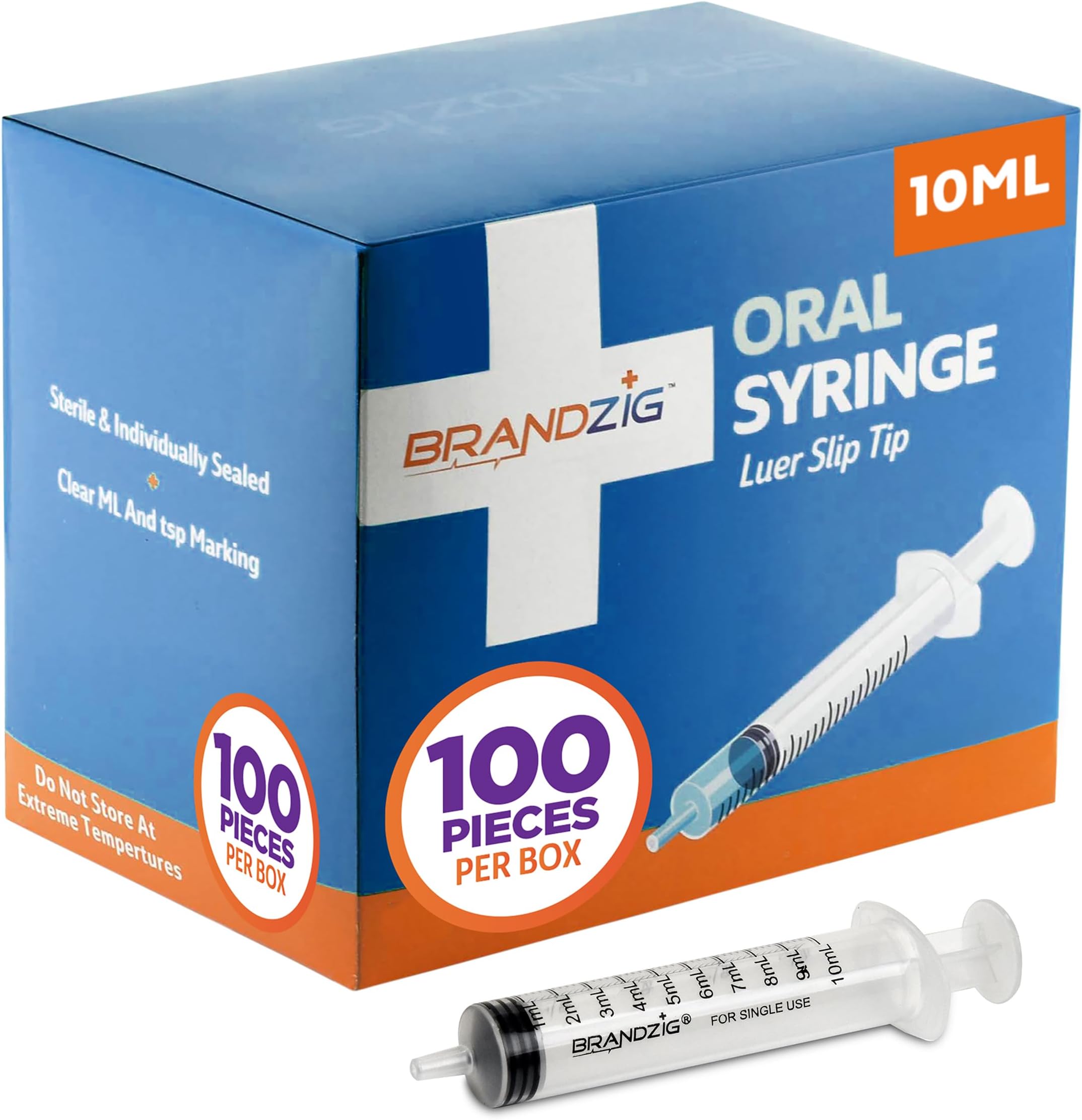 10ml Oral Syringes - 100 Pack – Luer Slip Tip, No Needle, Individually Blister Packed - Medicine Administration For Infants, Toddlers and Small Pets (No cover)
