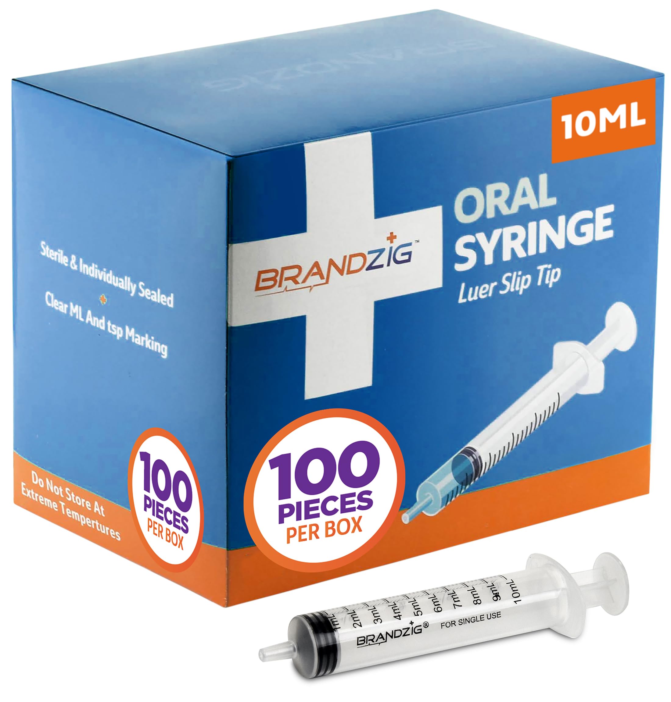 10ml Oral Syringes - 100 Pack – Luer Slip Tip, No Needle, Individually Blister Packed - Medicine Administration For Infants, Toddlers and Small Pets (No cover)